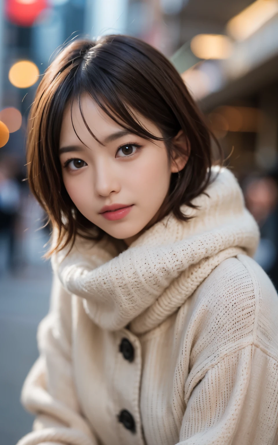 cute 21 year old japanese、In town、shopping、super detail face、pay attention to details、double eyelid、beautiful thin nose、sharp focus:1.2、Beautiful woman:1.4、(light brown hair,short hair、),pure white skin、highest quality、masterpiece、ultra high resolution、(Photoreal:1.4)、Highly detailed and professional lighting、nice smile、show the whole body、cute winter clothes、