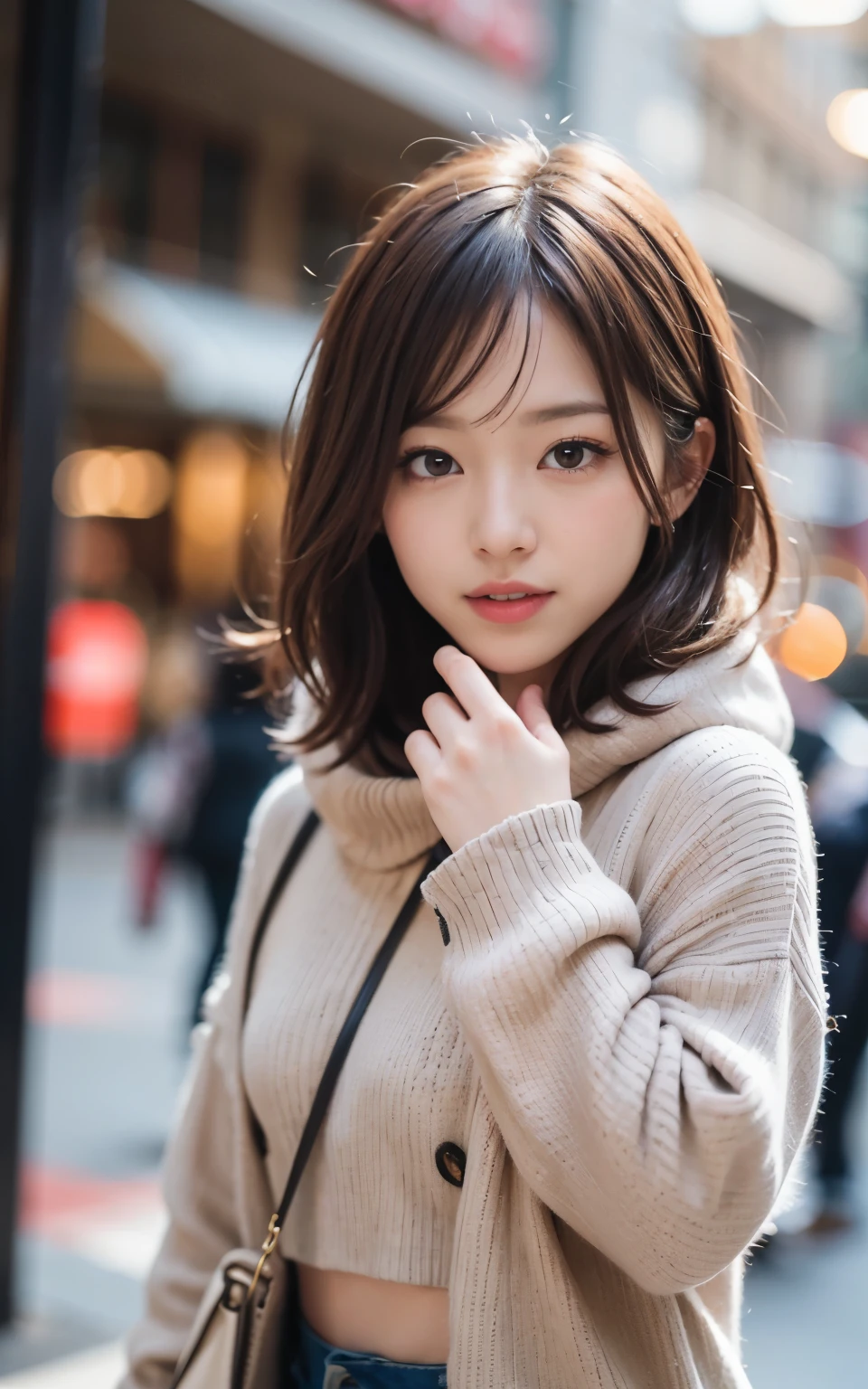 cute 21 year old japanese、In town、shopping、super detail face、pay attention to details、double eyelid、beautiful thin nose、sharp focus:1.2、Beautiful woman:1.4、(light brown hair,short hair、),pure white skin、highest quality、masterpiece、ultra high resolution、(Photoreal:1.4)、Highly detailed and professional lighting、nice smile、show the whole body、cute winter clothes、