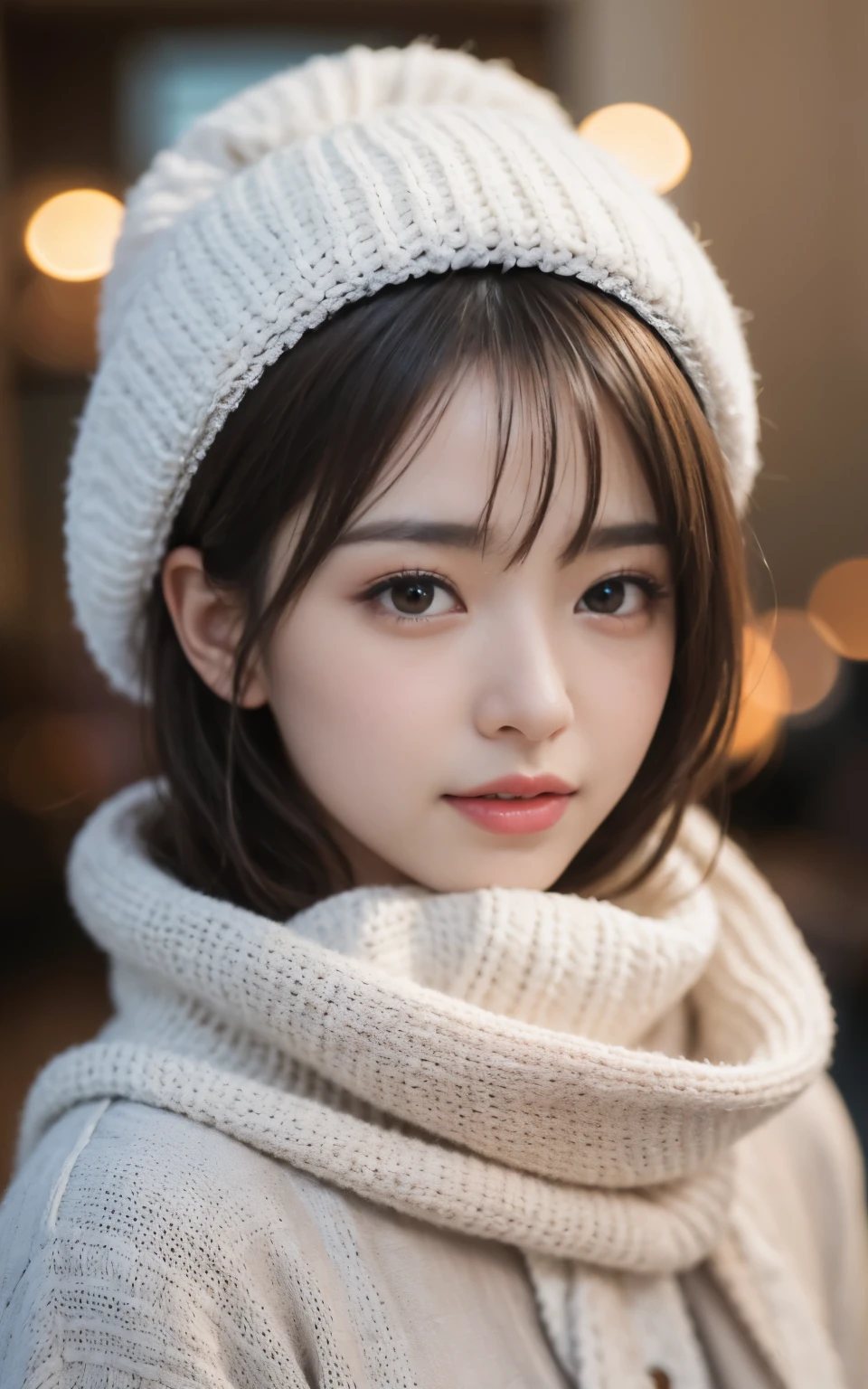 cute 21 year old japanese、In town、shopping、super detail face、pay attention to details、double eyelid、beautiful thin nose、sharp focus:1.2、Beautiful woman:1.4、(light brown hair,short hair、),pure white skin、highest quality、masterpiece、ultra high resolution、(Photoreal:1.4)、Highly detailed and professional lighting、nice smile、show the whole body、cute winter clothes、