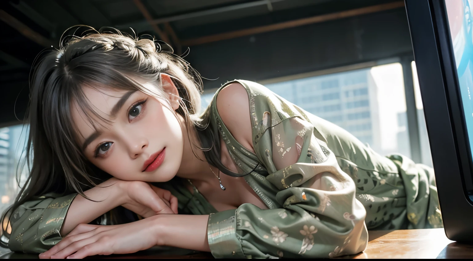 （Girl sleeping face down in big office）, Silver hair, Bangs, Blunt bangs, Long hair, Braiding（poneyTail）, aqua eyes, longeyelashes, Solid Circle Eyes, makeup, Open mouth, blush, Parted lips, Bright pupils, smiley, Seductive smile, glint, surrealism, Modern,（（ Camouflage blouse））、（（Camouflage print houlder Sniper Rifle））（Peeking into the scope）Chiaroscuro, Chiaroscuro, depth of fields, One-person viewpoint,  From Side, F/1.8, 135 mm, canon,  nffsw, retinas, masutepiece, ccurate, Anatomically correct, Textured skin, Super Detail, high details, High quality, Best Quality, hight resolution, 1080p, hard disk, 4K, 8K、　Full Body Angle、、Skyscrapers are hazy behind，green dress