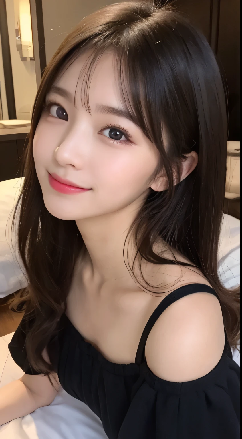 table top, highest quality, shape, Super detailed, finely, High resolution, 8k wallpaper, 完璧なダイナミックな構shape, beautiful and detailed eyes, off shoulder dress, small breasts, natural color lip,優しいsmile,20 year old girl、美しくdetailed face、perfect and beautiful face,Big eyes、美しくdetailed face、perfect and beautiful double eyelids、blur the background、Feminine poses、slim face and style、straight hair、Bedroom、lie in bed、 (get closer to the face, enlarge the face, face focus:1.0), break, (masterpiece, highest quality, Super detailed, detailed face, 8k)、real photos(best image quality)、shoot from above、look up、K-POPアイドルフェイス、smile
