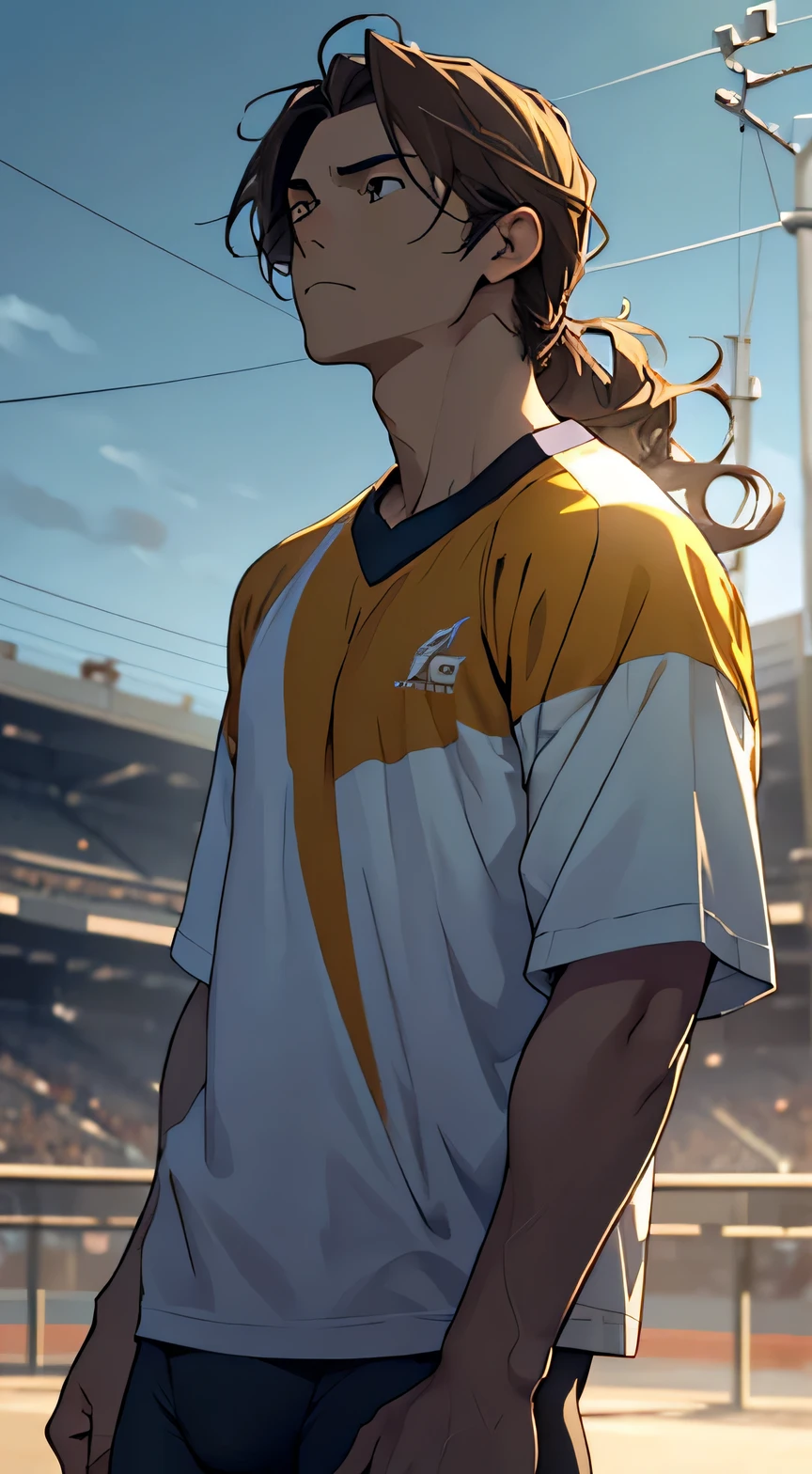 Anime style, 1 man with the sport shirt hold the stick baseball, brown haired, Wavy shoulder-length hair, looking away from camera, Looking up at the sky, Calm, Soft dramatic lighting, depth of fields, Bokeh, vibrant detail, hyper realisitic, a bike,