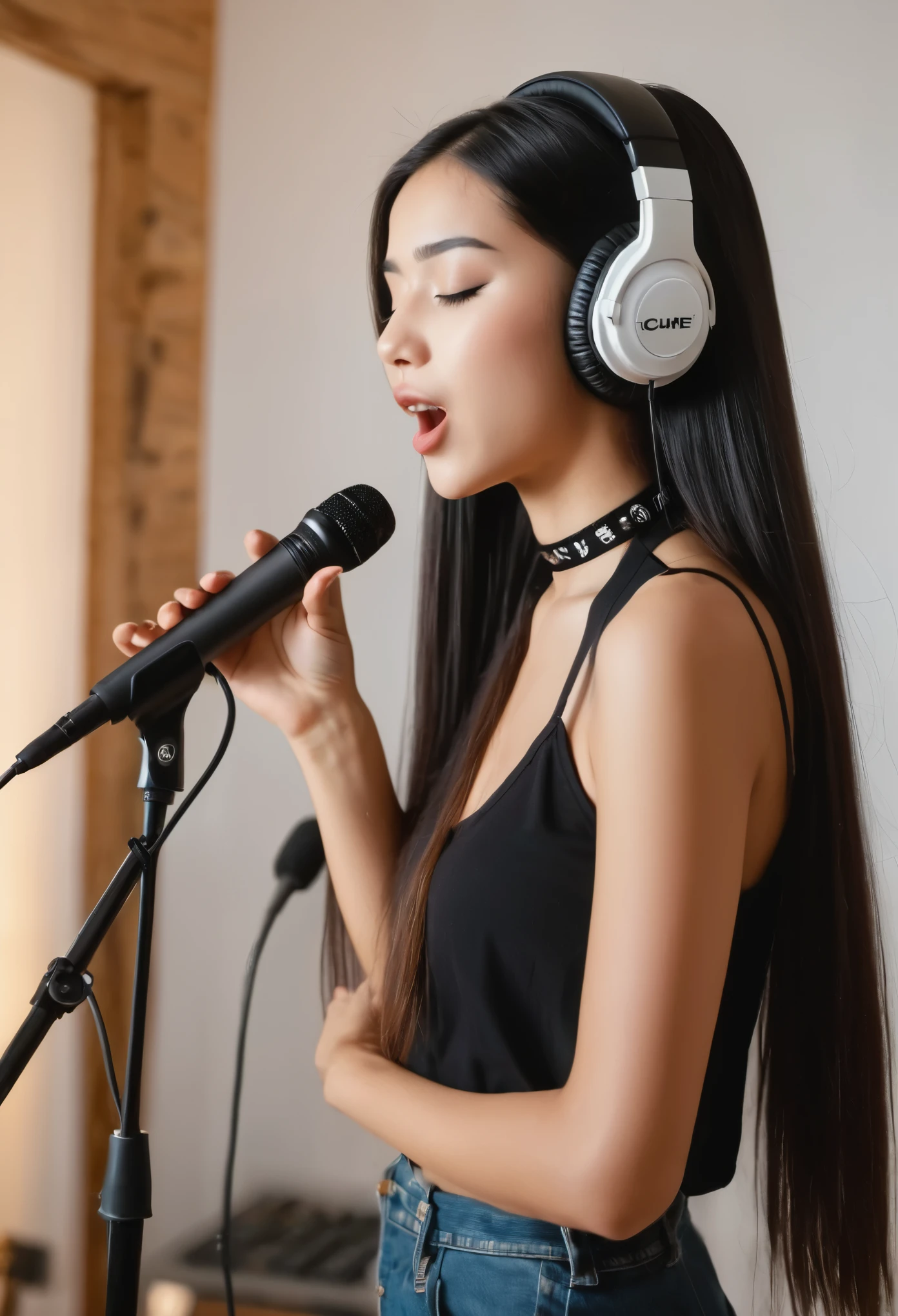 the most beautiful 18yo slim girl, long dark straight hair, in a home studio, singing passionately with (mouth open and eyes closed:1.9), (frown:2), she is wearing big headphones on her head, photo from afar and from a side, iphone quality photo, wide angle photo, she is wearing a choker necklace, (full body shot:1.9)