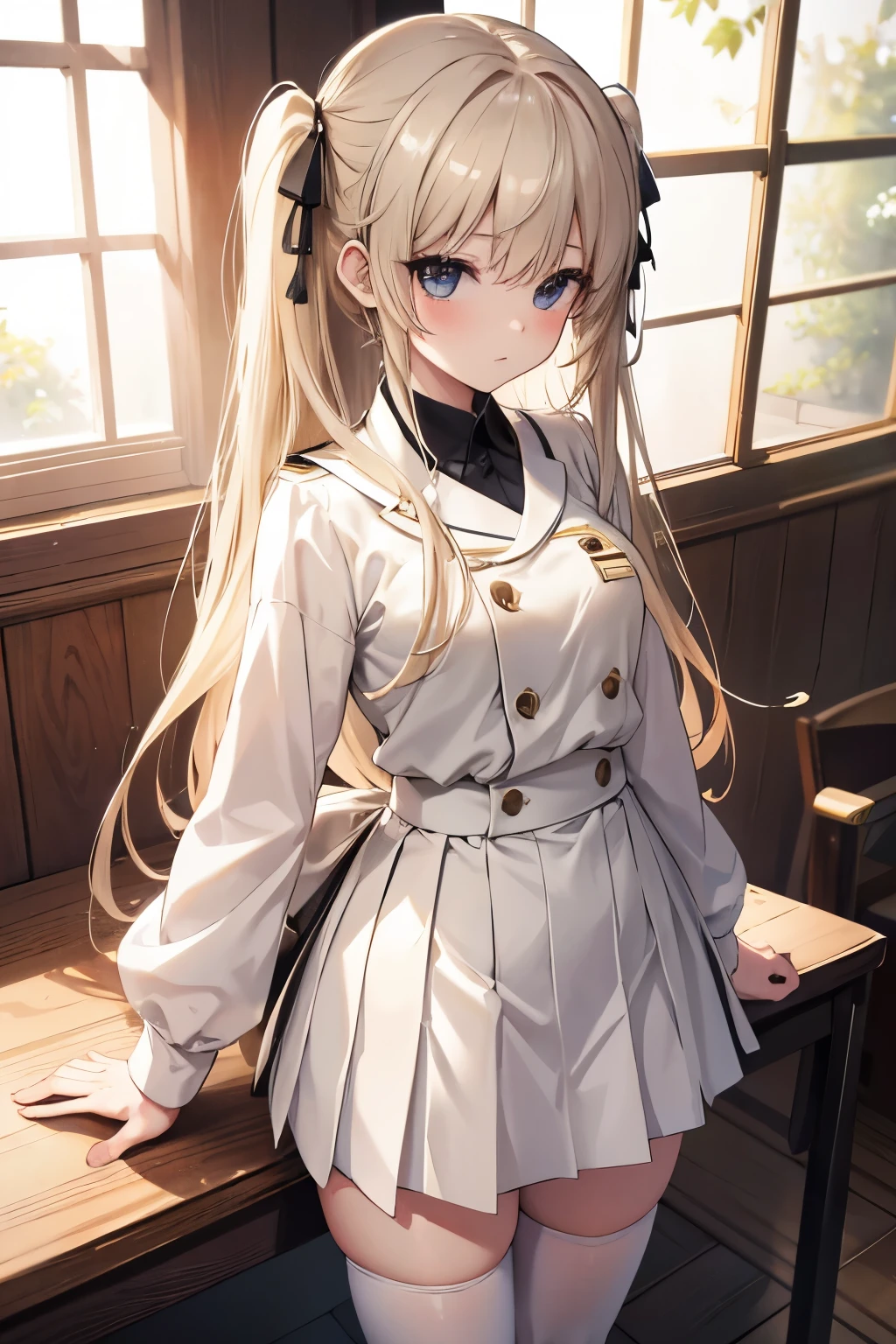 Anime style, high resolution, masterpiece, Standing confidently, Blond hair with two tails flowing behind, Japanese school girl in a JK uniform, White stockings with black garters accentuating her legs, Skirt hiked up slightly, showing the short white underneath, Knees slightly bent, forming an allure, JK uniform with collar and cute ribbons, Sunlight filtering in through the window, casting a warm glow on the scene.