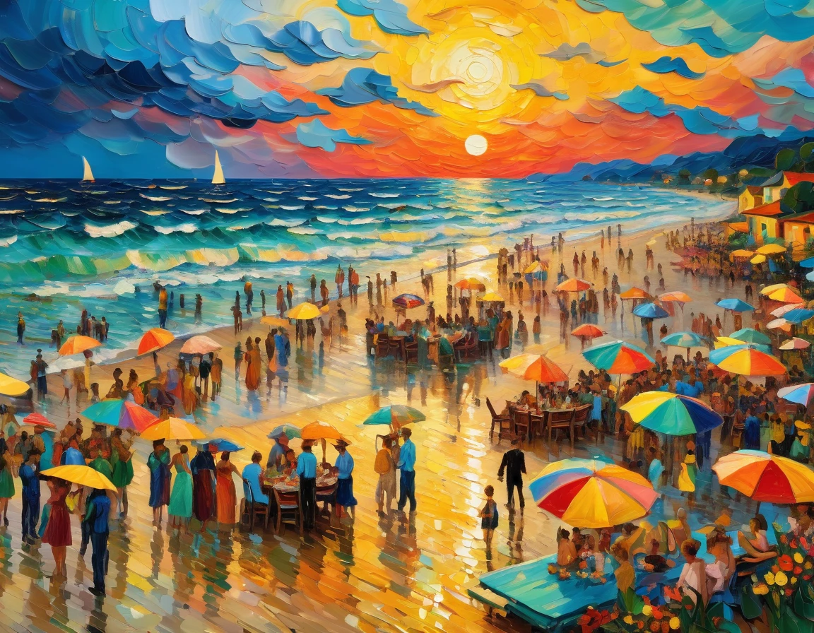 Beach party in beach, sunset and rain shower merge, vibrant colors, intricate beach party, blooming beach, ultrahigh definition, 3D depth, inspired by Vincent van Gogh, Pierre-Auguste Renoir, Gustav Klimt