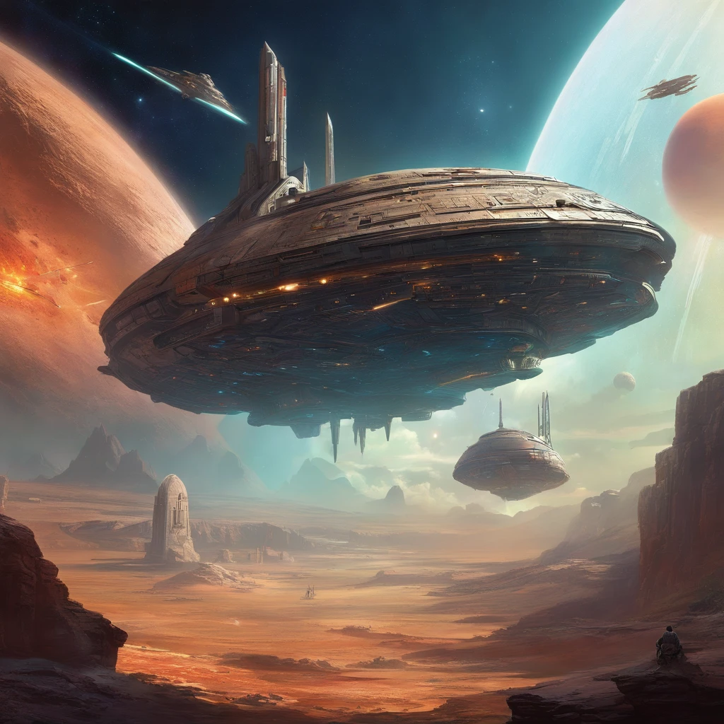 a girl with long hair dressed as Princess Leia, surrounded by stars and spaceships, using oil painting technique, best quality, ultra-detailed, realistic style, vibrant colors, with studio lighting, lightsabers, Darth Vader in the background, epic battle scene, futuristic setting, epic sky, intense action, dynamic pose, powerful force, spaceship battles, X-Wings and TIE Fighters, iconic characters, strong emotions, galactic war.