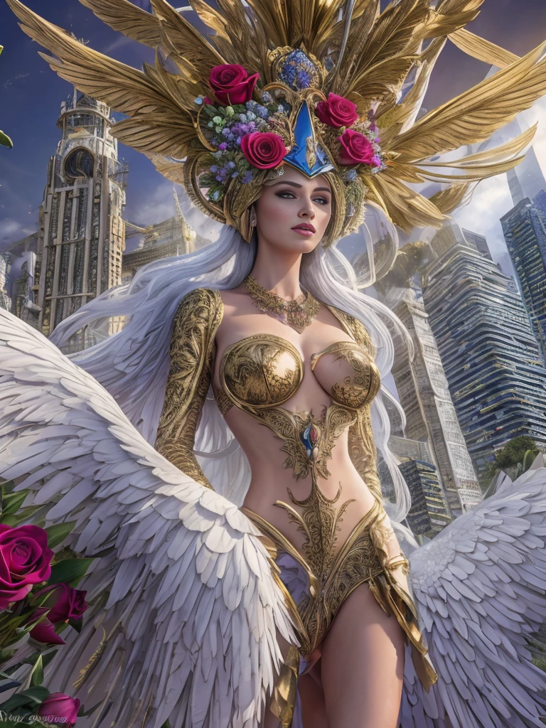 RAW, Masterpiece, Ultra clear photo, Best quality, ultra high resolution, Photorealistic, Sunbeam,，Futuristic city, Coruscant，super fantastic houses, Tall buildings in the background, super fantastic flying ships, Very beautiful girl 25 years old...，seductive look，wants sex, completely naked，An adorable swan helmet on the head with intricate blue detailing and metallic feathers., hat with gold and red roses, very beautiful long slender detailed face, Blue eyes, detailed, neat background, startling, high-detailed skin, реалистичная detailing кожи, detailed vagina, nipples sticking out through clothes, visible pores, full length, beautiful slender legs, barefoot, sharp focus, volumetric fog, contract for 8 thousand., high quality, detailing, bright skin, photorealism, systemic impact，Extreme exhibitionism, Gold necklace around the neck, slender body, medium breasts, hands behind your back, Vagina naked, little fluffy kitten, stands on the roof of the house, starships in the sky, many colors, lilies, violets, roses, gladioli and dahlias.