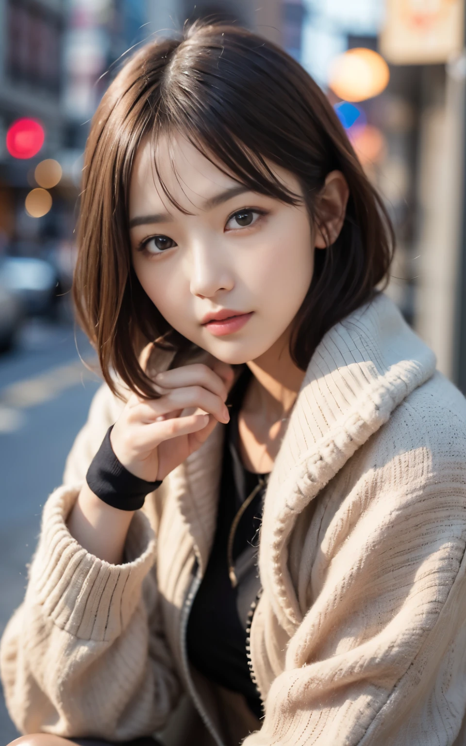 cute 21 year old japanese、In town、shopping、super detail face、pay attention to details、double eyelid、beautiful thin nose、sharp focus:1.2、Beautiful woman:1.4、(light brown hair,short hair、),pure white skin、highest quality、masterpiece、ultra high resolution、(Photoreal:1.4)、Highly detailed and professional lighting、nice smile、show the whole body、nice winter clothes、
