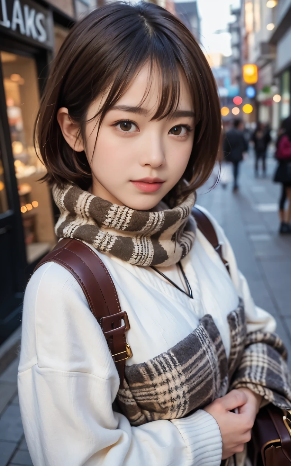 cute 21 year old japanese、In town、shopping、super detail face、pay attention to details、double eyelid、beautiful thin nose、sharp focus:1.2、Beautiful woman:1.4、(light brown hair,short hair、),pure white skin、highest quality、masterpiece、ultra high resolution、(Photoreal:1.4)、Highly detailed and professional lighting、nice smile、show the whole body、nice winter clothes、