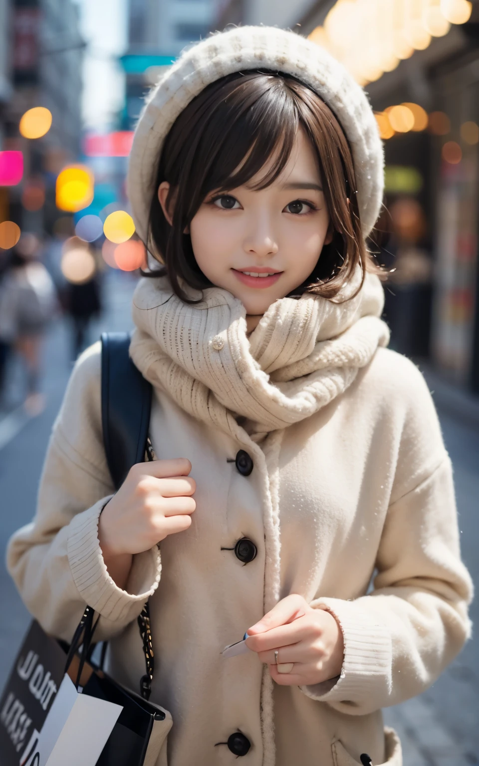 cute 21 year old japanese、In town、shopping、super detail face、pay attention to details、double eyelid、beautiful thin nose、sharp focus:1.2、Beautiful woman:1.4、(light brown hair,short hair、),pure white skin、highest quality、masterpiece、ultra high resolution、(Photoreal:1.4)、Highly detailed and professional lighting、nice smile、show the whole body、cute winter clothes、