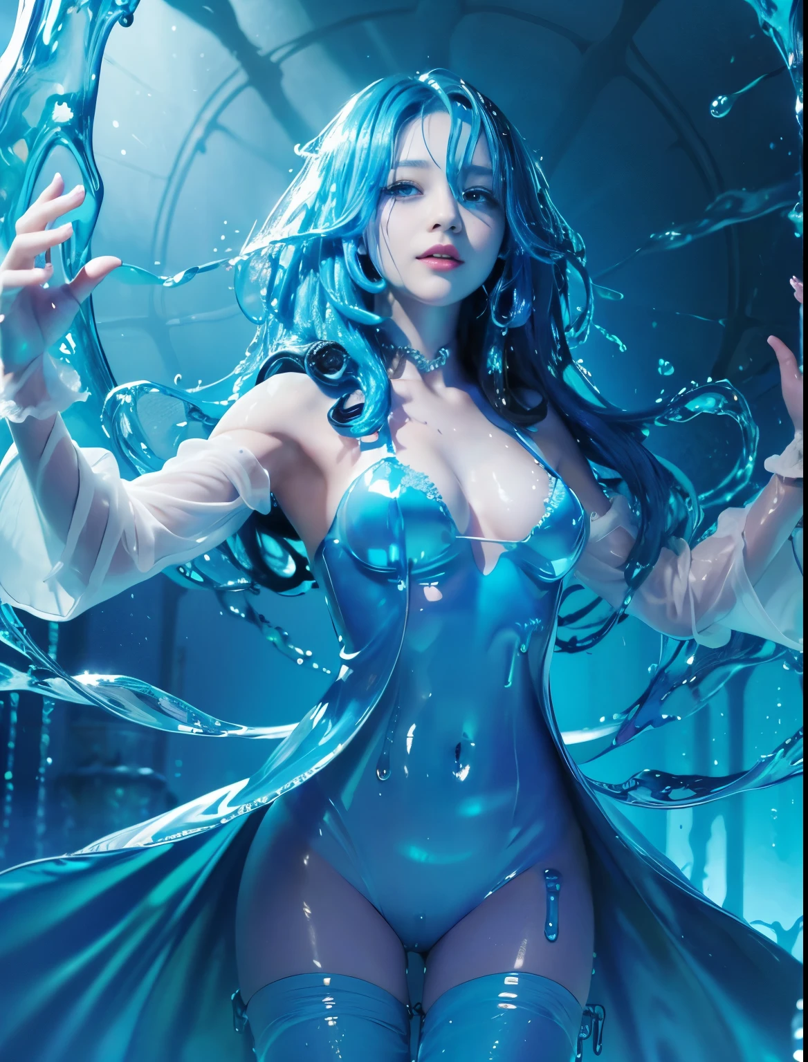 (masterpiece,best quality:1.4),(8k,raw photo,photo realistic:1.2),shiny skin,detailed skin,detailed face,detailed eyes, 1girl,looking at viewer,Japanese idol,extremely beautiful face, (smile),  LiquidHair, liquid hair, blue mucus floating around, slime girl, covered in blue slime, (partially transparent), (Wet with water), (blue sweat), Slimy blue liquid dripping from her body. Her hair is also covered in blue slime. blue slime scatters, Blue hair, blue eyes