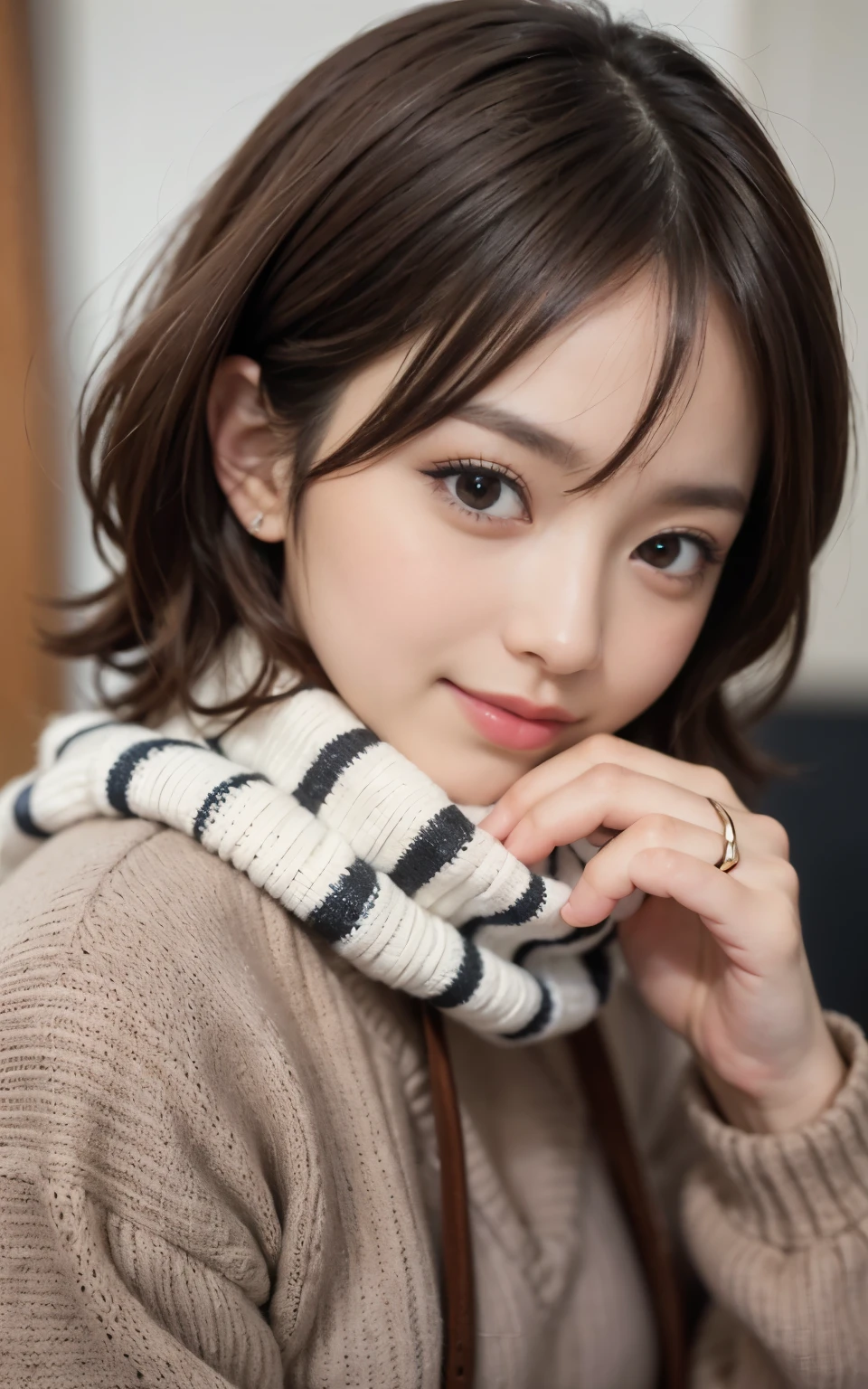 cute 21 year old japanese、School、University、During class、super detail face、pay attention to details、double eyelid、beautiful thin nose、sharp focus:1.2、Beautiful woman:1.4、(light brown hair,short hair、),pure white skin、highest quality、masterpiece、ultra high resolution、(Photoreal:1.4)、Highly detailed and professional lighting、nice smile、show the whole body、cute colorful winter clothes、