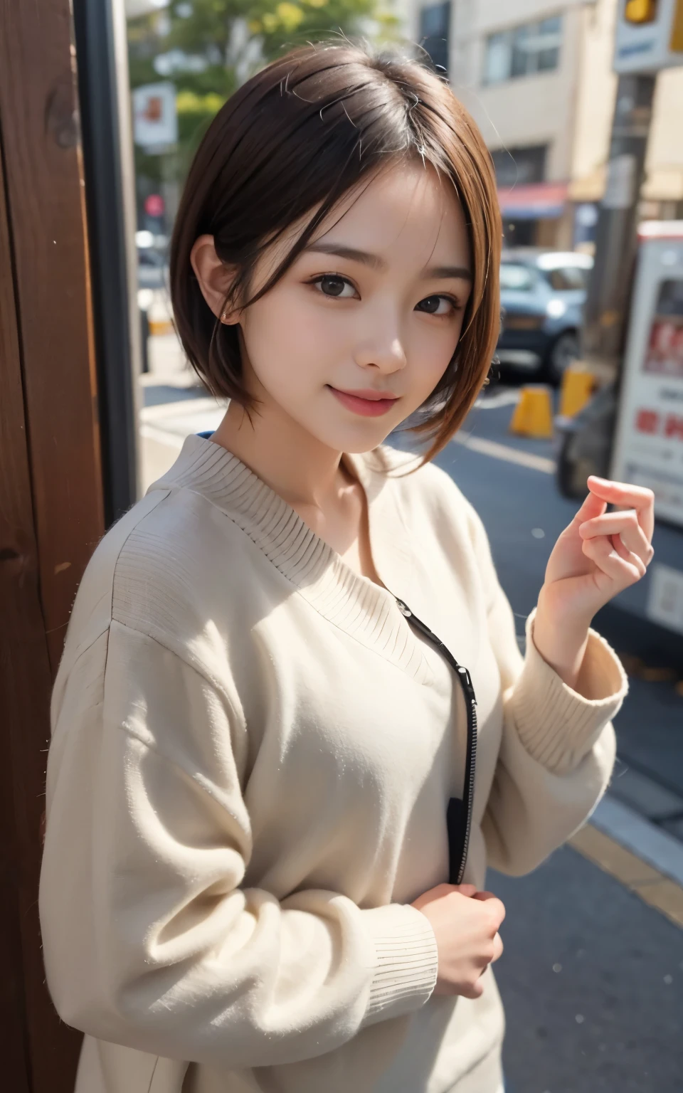 cute 21 year old japanese、School、University、During class、super detail face、pay attention to details、double eyelid、beautiful thin nose、sharp focus:1.2、Beautiful woman:1.4、(light brown hair,short hair、),pure white skin、highest quality、masterpiece、ultra high resolution、(Photoreal:1.4)、Highly detailed and professional lighting、nice smile、show the whole body、cute colorful winter clothes、