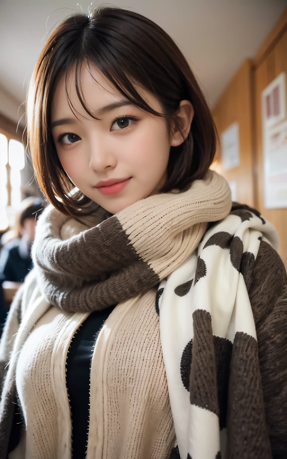 (masterpiece, top-quality、Very attractive adult beauty、Add intense highlights to the eyes、Look firmly at the camera),1girl in, 独奏, A dark-haired, scarf, Hats,, realisitic, looking at the viewers, black eyes of light color, shorth hair, coat, Winter clothes, White headscarf, s lips, lipgloss,bangss, The upper part of the body、big eye、Lashes)、((Road system in Italy))、((Shorthair with bangs、big eye、Put very strong highlights in your students、very Bigger breasts、gazing at viewer、Very beautiful beauty、Put your ears out、long neck、little smiling、Beautiful teeth、Open your mouth and smile))、28 year old、Very cute supermodel