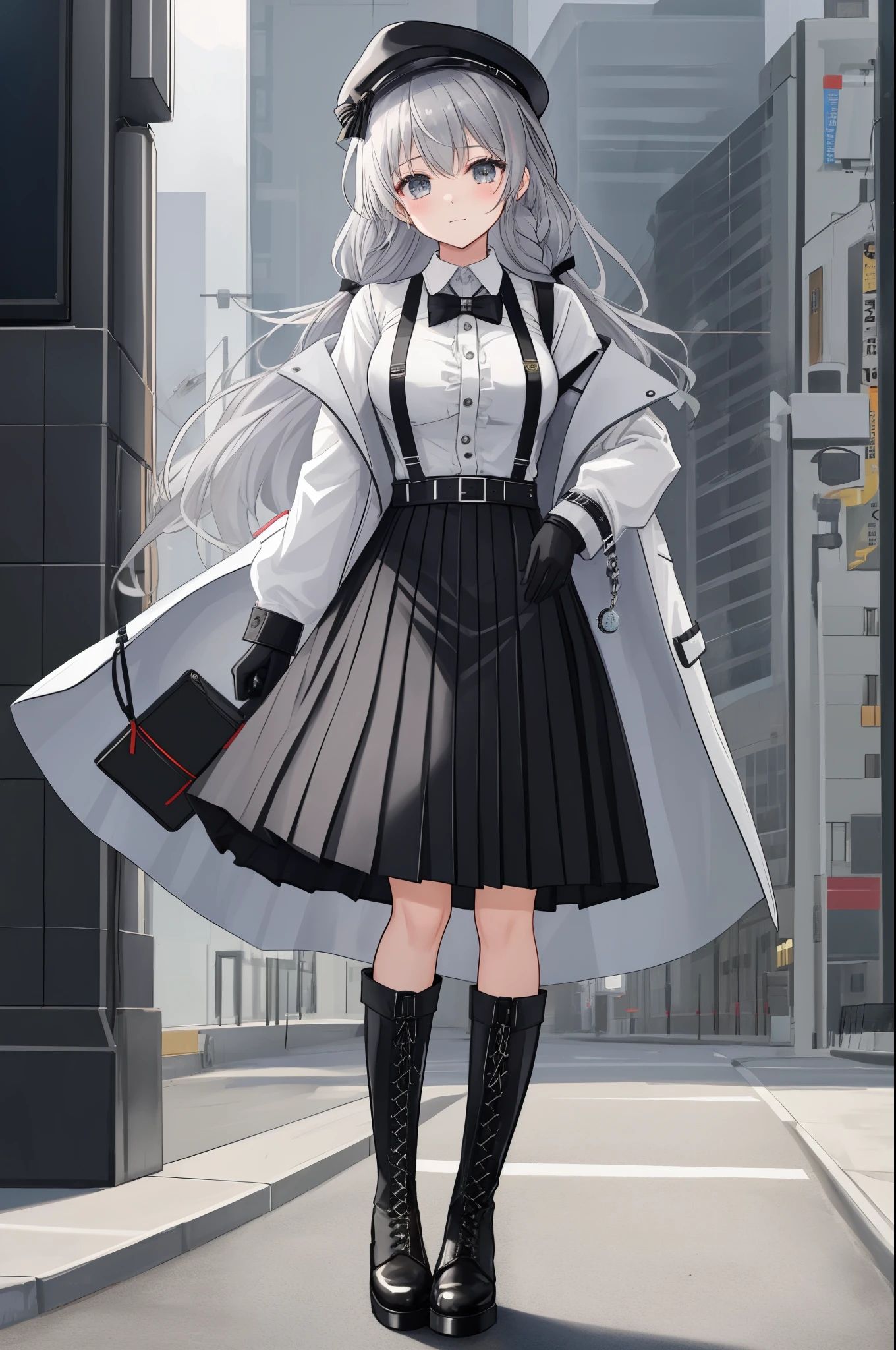 1girl,absurdres,black_footwear,black_gloves,black_skirt,boots,braid,cabbie_hat,closed_mouth,coat,collared_shirt,cross-laced_footwear,cross_tie,dress_shirt,fold-over_boots,frilled_skirt,frills,full_body,gloves,grey_eyes,grey_hair,hand_up,hat,high-waist_skirt,highres,holding,holding_pocket_watch,knee_boots,lace-up_boots,leg_belt,long_hair,looking_at_viewer,miniskirt,nagisa_(virtuareal),nijisanji,official_art,open_clothes,open_coat,pocket_watch,shirt,side_braid,sidelocks,skirt,sleeves_past_elbows,solo,standing,standing_on_one_leg,suspender_skirt,autoappealing,autoappealingdb, best quality, masterpiece, nai3