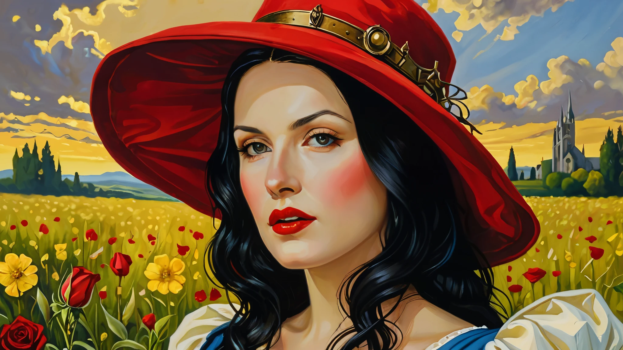 painting of a woman with a hat and red lipstick in a field, masterpiece! portrait of arwen, portrait of snow white, michael cheval (unreal engine, inspired by Clarice Beckett, in a oil painting style, lofi bioshock steampunk portrait, official art, faye valentine, promotional art, in the style of an oil painting, mrs bean