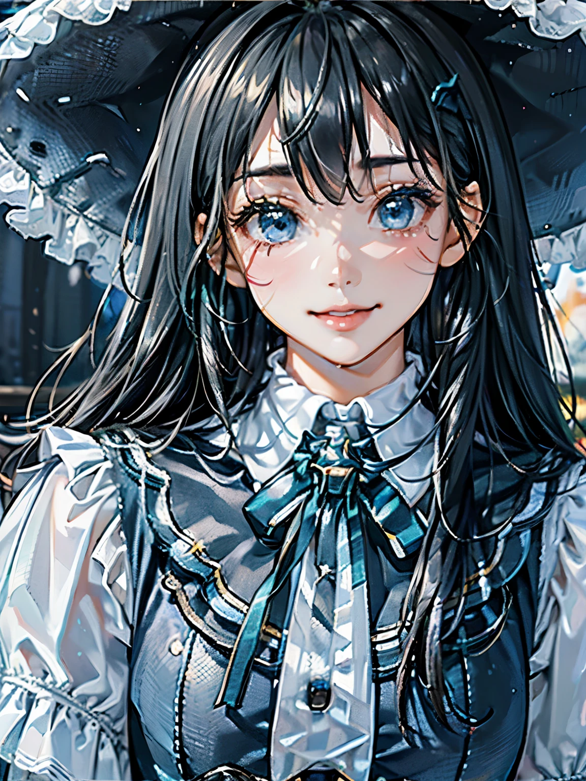 (((((close up of face)))))，Aim from a little above,masterpiece, confused, incredibly confused, very detailed, highest quality, costume，(((candy blue dress))), have, knee high, whole body, 1 girl, alone, black hair, light smile, looking at the viewer, detailed background, Are standing, at the castle, night, dramatic lighting, 