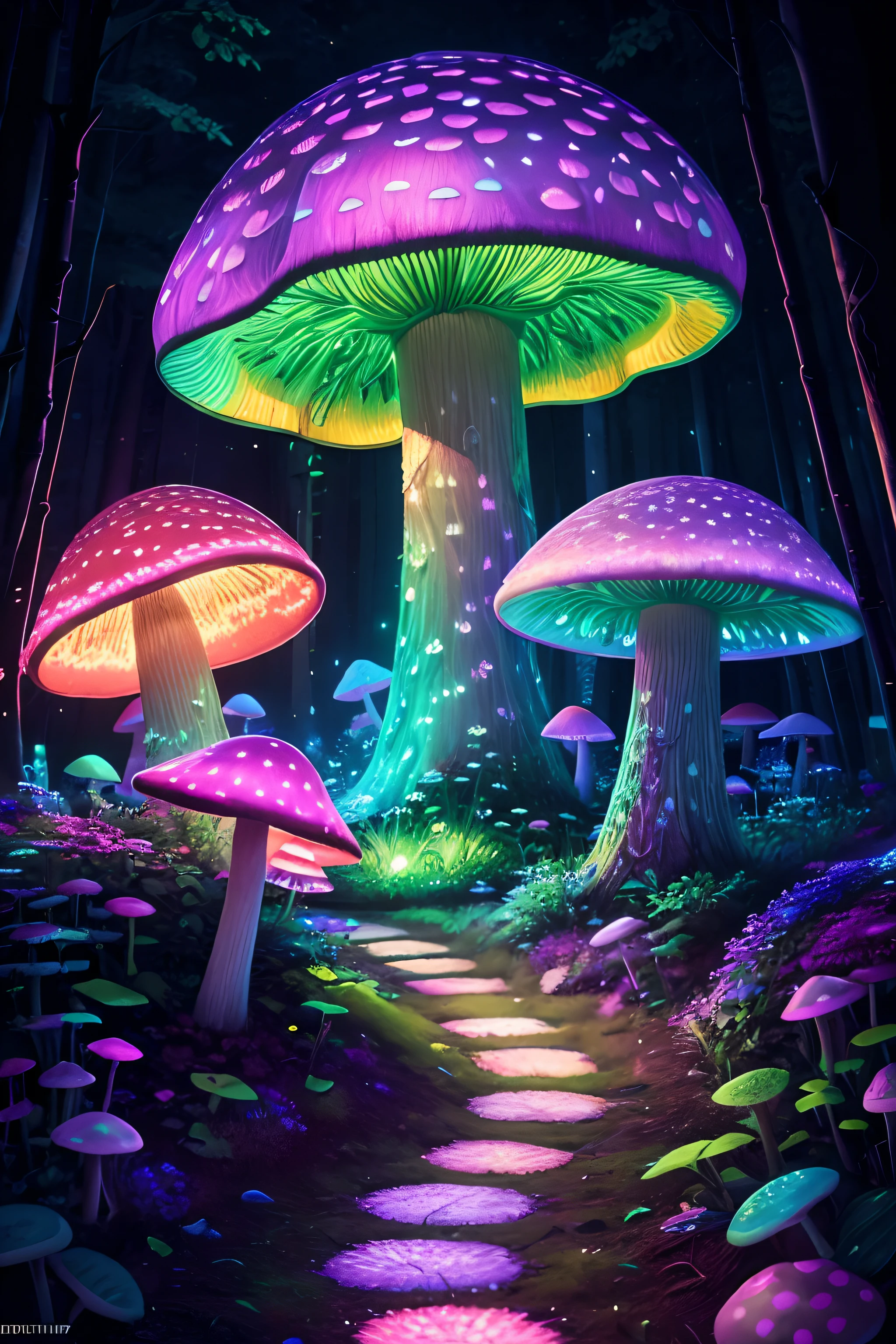 Highly detailed neon art, mushroom forest, black light tapestry, stunning photography, lifelike, art station, pastel colors, Very detailed, complex, path tracing, illustration, Extremely detailed, Shadow map volumetric light, Mirror lighting