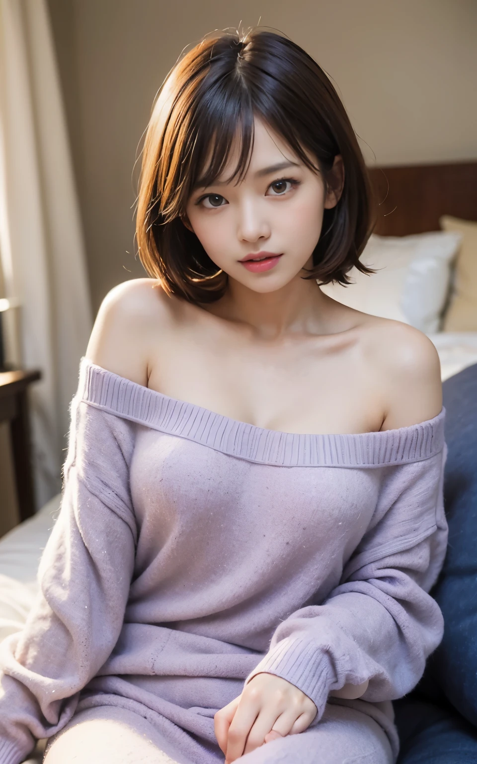 cute 21 year old japanese、break
(sweater dress(White Theme, (very bright blue-purple), high quality cashmere sweater dress, (fluffy fabric), (very tight), off shoulder):1.3),
break super detail face、pay attention to details、double eyelid、beautiful thin nose、sharp focus:1.2、Beautiful woman:1.4、(light brown hair,short hair、),pure white skin、highest quality、masterpiece、ultra high resolution、(Photoreal:1.4)、Highly detailed and professional lighting、nice smile on the bed、Chest glimpsed、Please show me your whole body、
