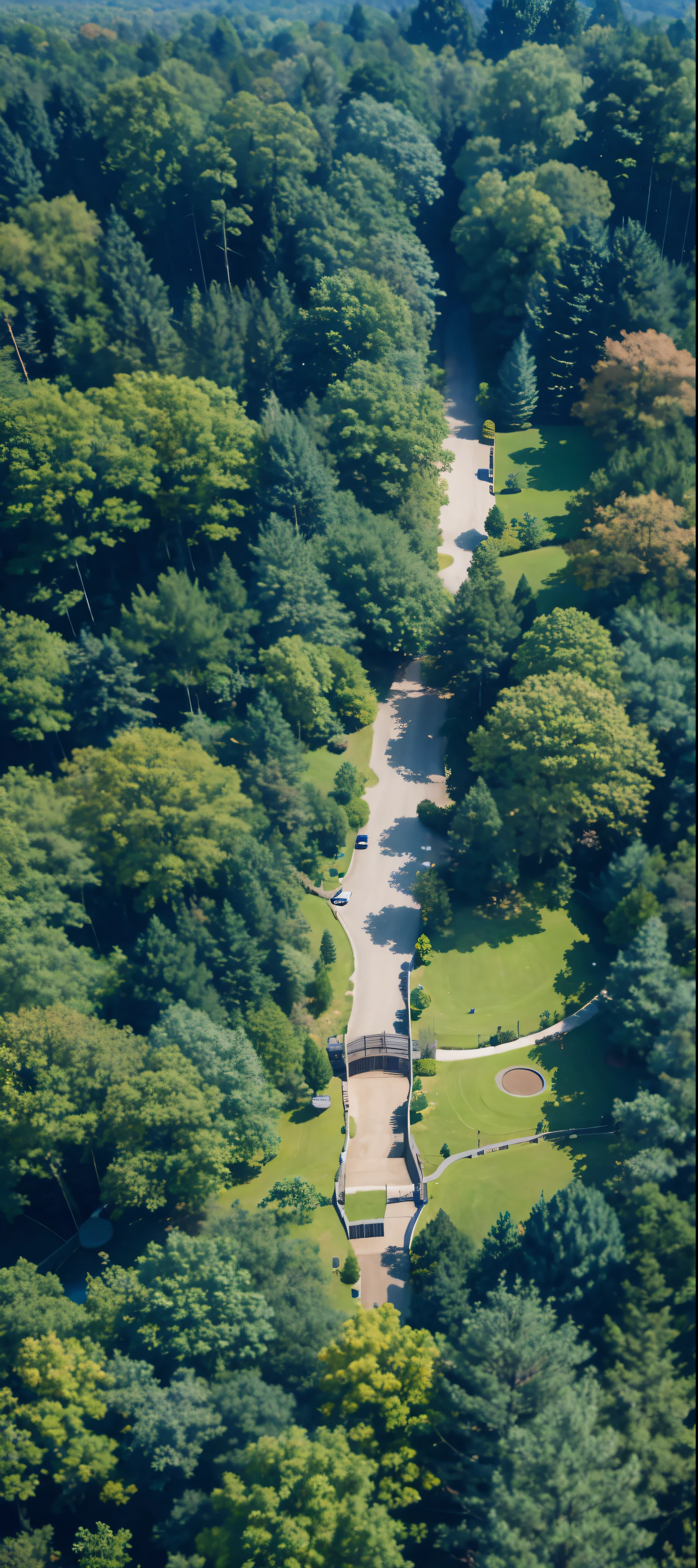There is a long road that winds through the woods,summer woods,Tree tops,Fresh pictures,Exquisite details,forest,Viewed from directly above, Look from above, top down photo, bird'eye view
