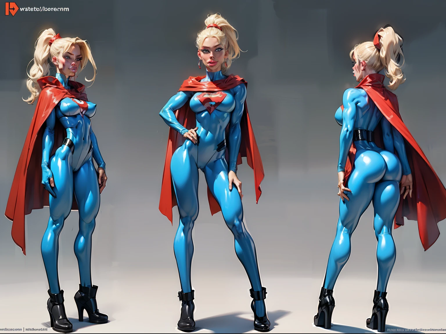 ((masterpiece)),(((best quality))),((character design sheet)), ((full body view)) illustration,1girl, muscular, ((blue bodysuit:1.5)), superhero, (blonde ponytail:1.4), (red cape:1.4) ((detailed face:1.4)) beautiful woman, (red thighhighs:1.3)shiny skin, (gold emblem on chest:1.2),scribbles and marks, (puffy lips:1.5), rough sketches, pose, 8k,16k, (simple background, white background: 1.3)