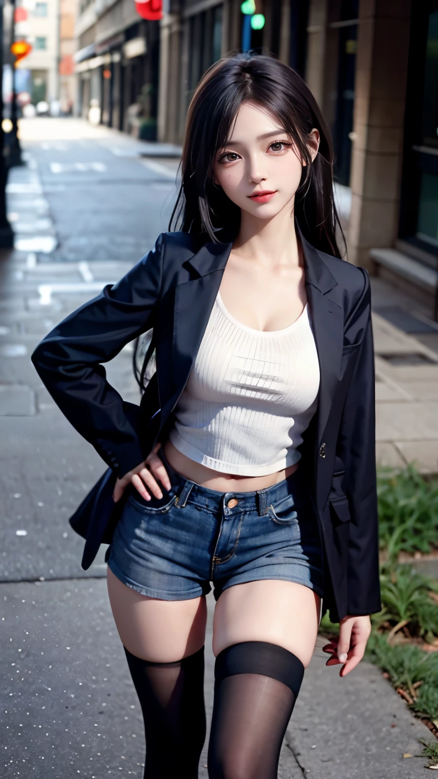 Carrot、Supermodel、perfect shape、Muchimuchi、Three girls are looking at the viewer、 3 girls、、Thighhighs、beautiful feet、hot pants、coat、cyber punk、headphone、gentle smile、Seen by girls from below、Innocent face