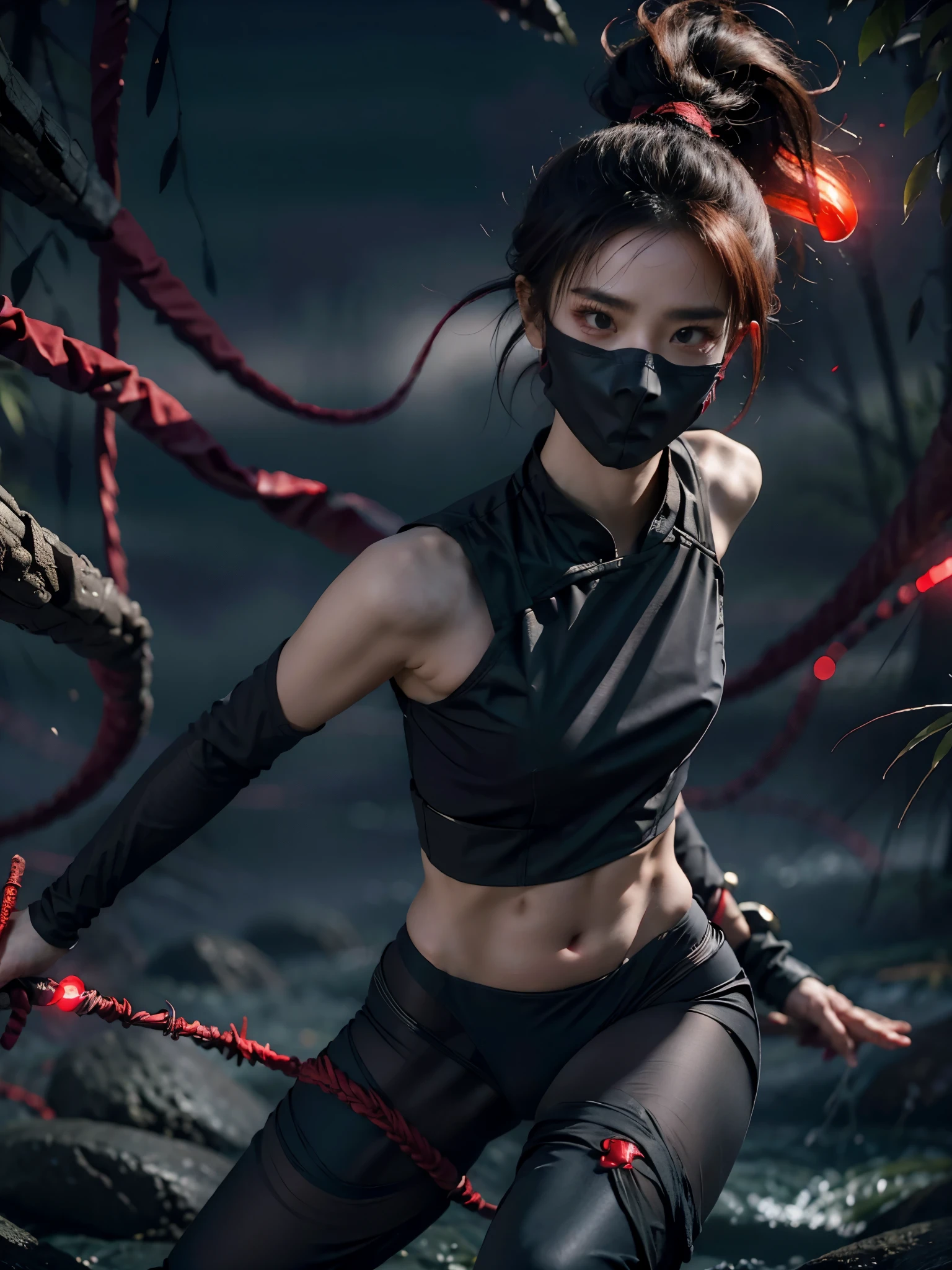 Beautiful girl fused with a spider. Kunoichi. Ninja Woman. Female Solo. Red glowing eye mask. eye mask.Spider legs.