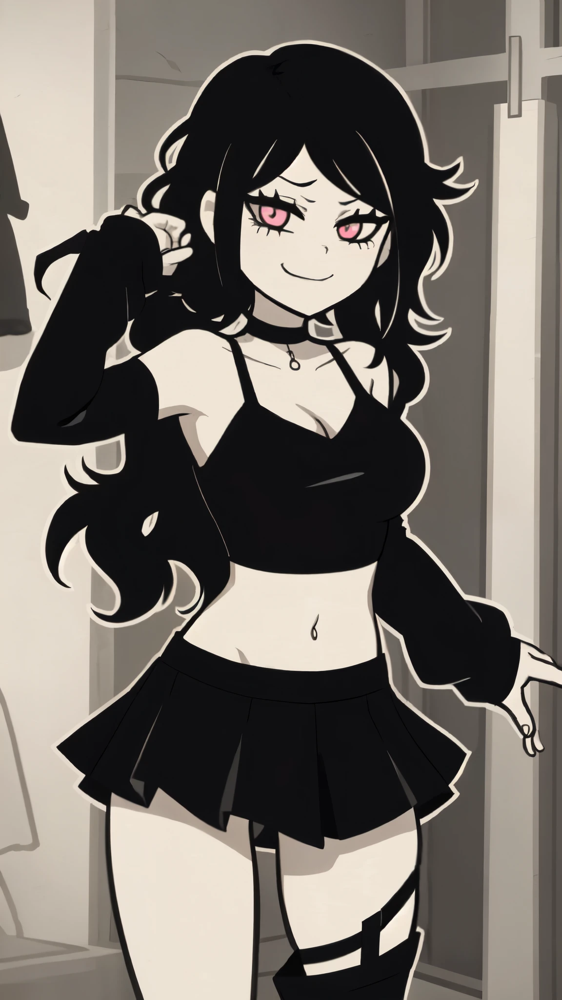 ashleyvk, 1girl, solo, black hair, medium breasts, choker, long hair, anime coloring, bare shoulders, mini skirt, smug smile, goth aesthetic, , midriff,