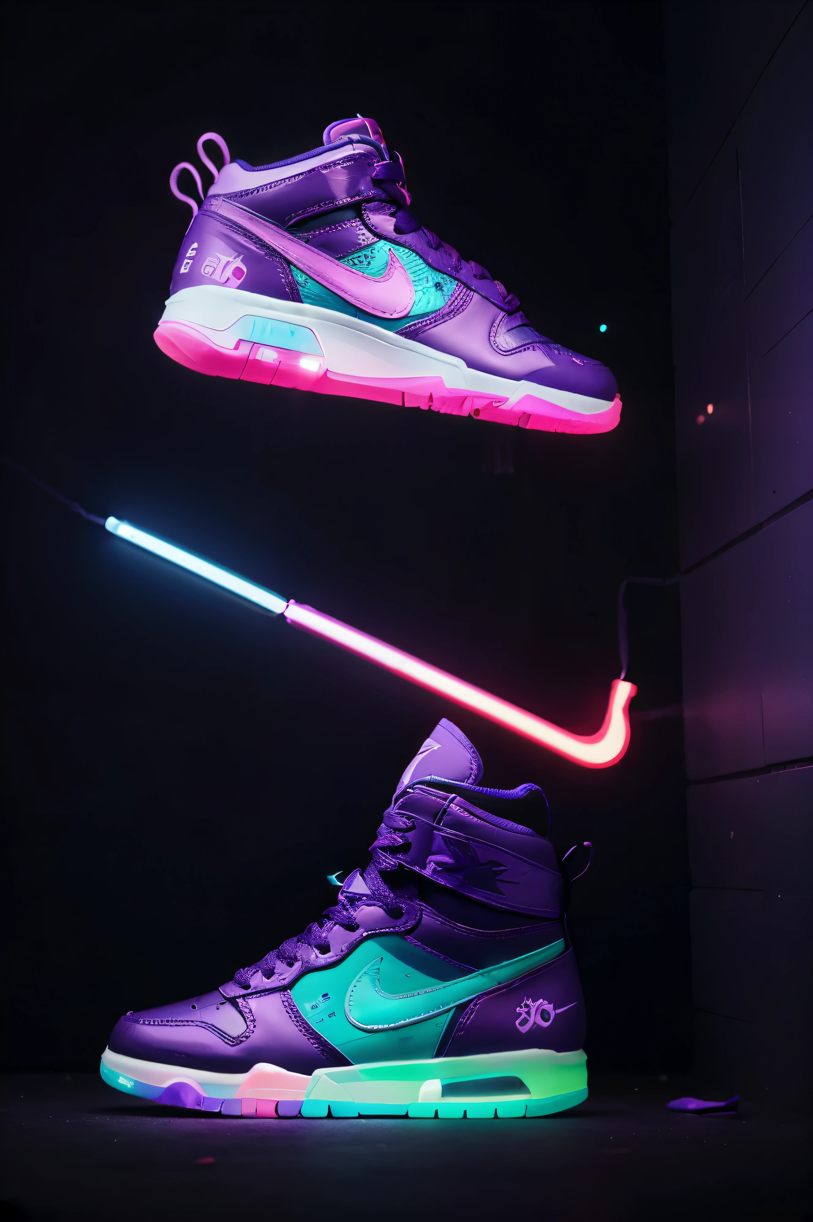futuristic shope, the color is purple and neon ligh blue. its glowing a floating in the air. the shoe is like a high angle nike jordans.
