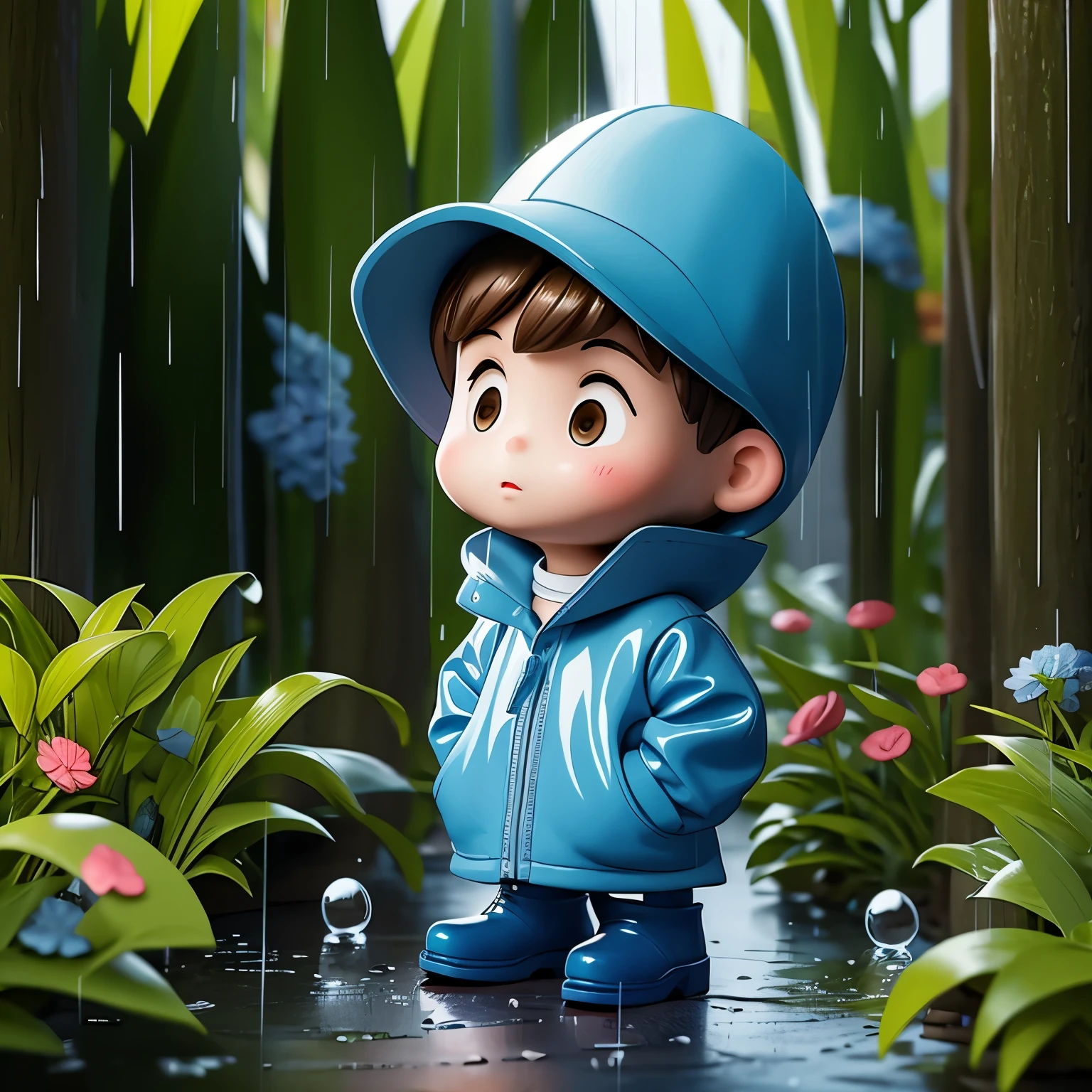 (masterpiece, best quality:1.2),micro landscape，Outdoor on the grass，rainy day，1 miniature cartoon character, alone， hands in pockets，Wearing hat and raincoat,blue rain boots,  mini，Brilliant lighting，outdoor background，rich colors，