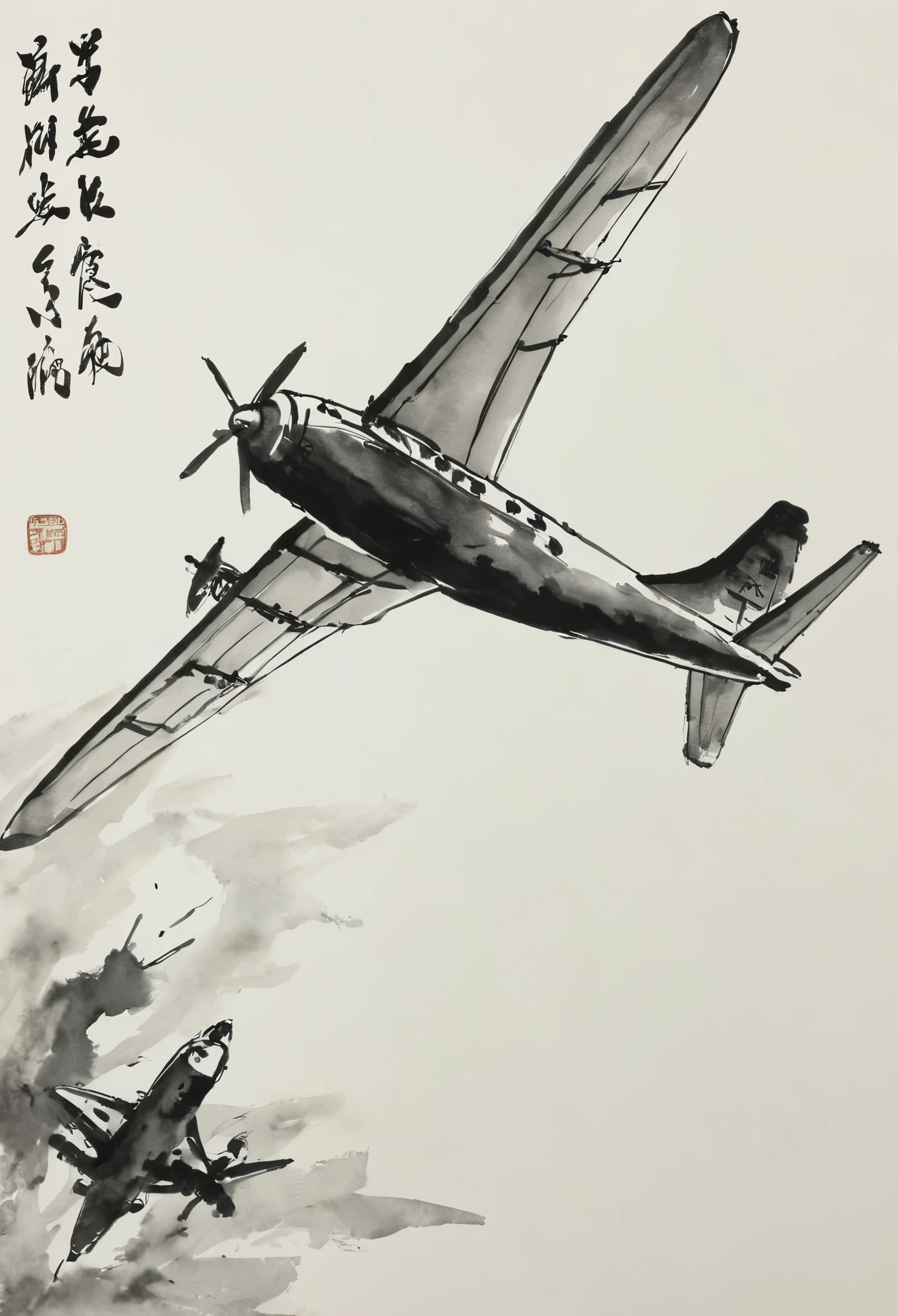 ,airplane,There is also a lot of white space,Chinese traditional ink painting,black and white,Simple style,Impressionist and surrealist styles,Complex details,8k,ultra high definition,-- -- - 16:9
