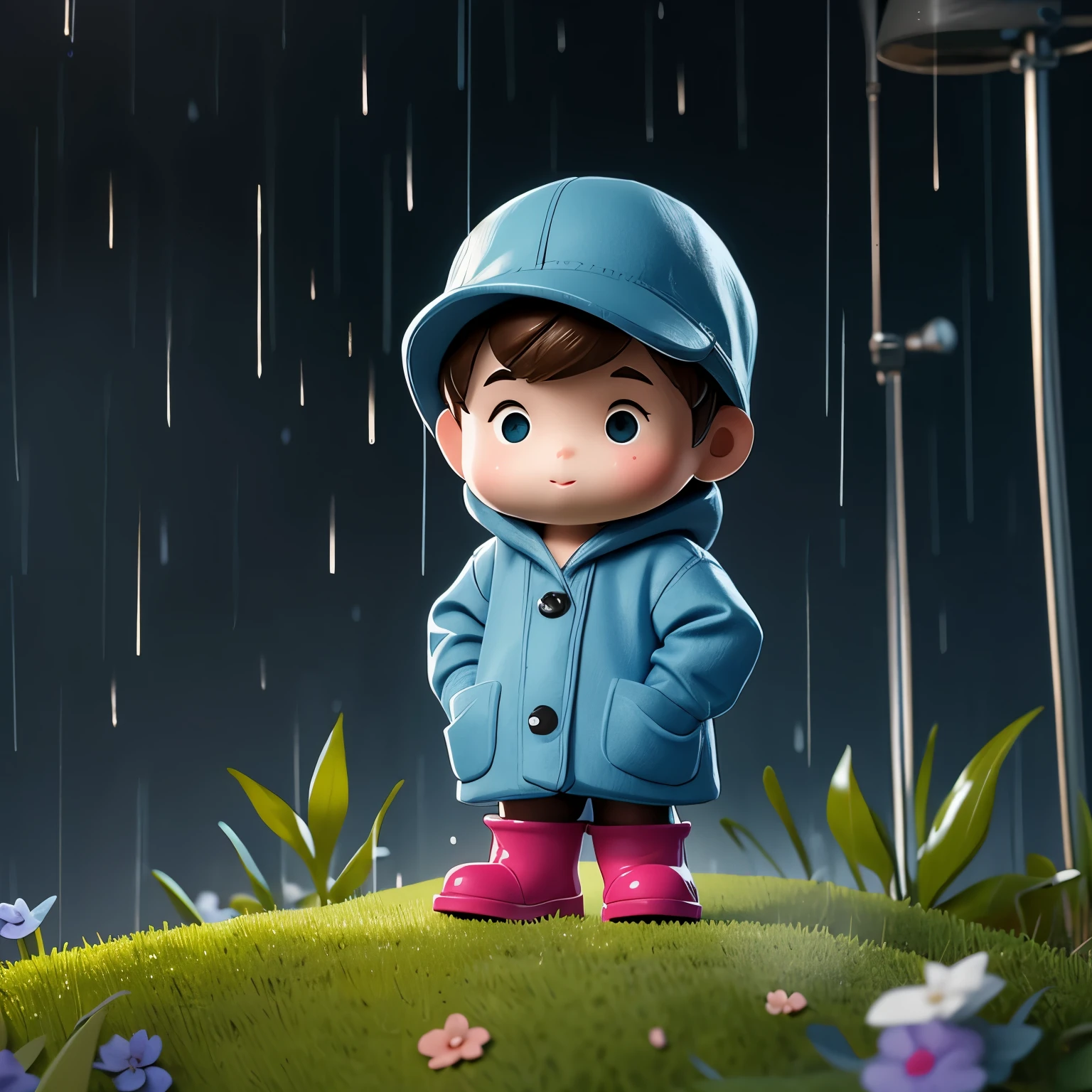 (masterpiece, best quality:1.2),micro landscape，Outdoor on the grass，rainy day，1 miniature cartoon character, alone， hands in pockets，Wearing hat and raincoat,blue rain boots,  mini，Brilliant lighting，outdoor background，rich colors，