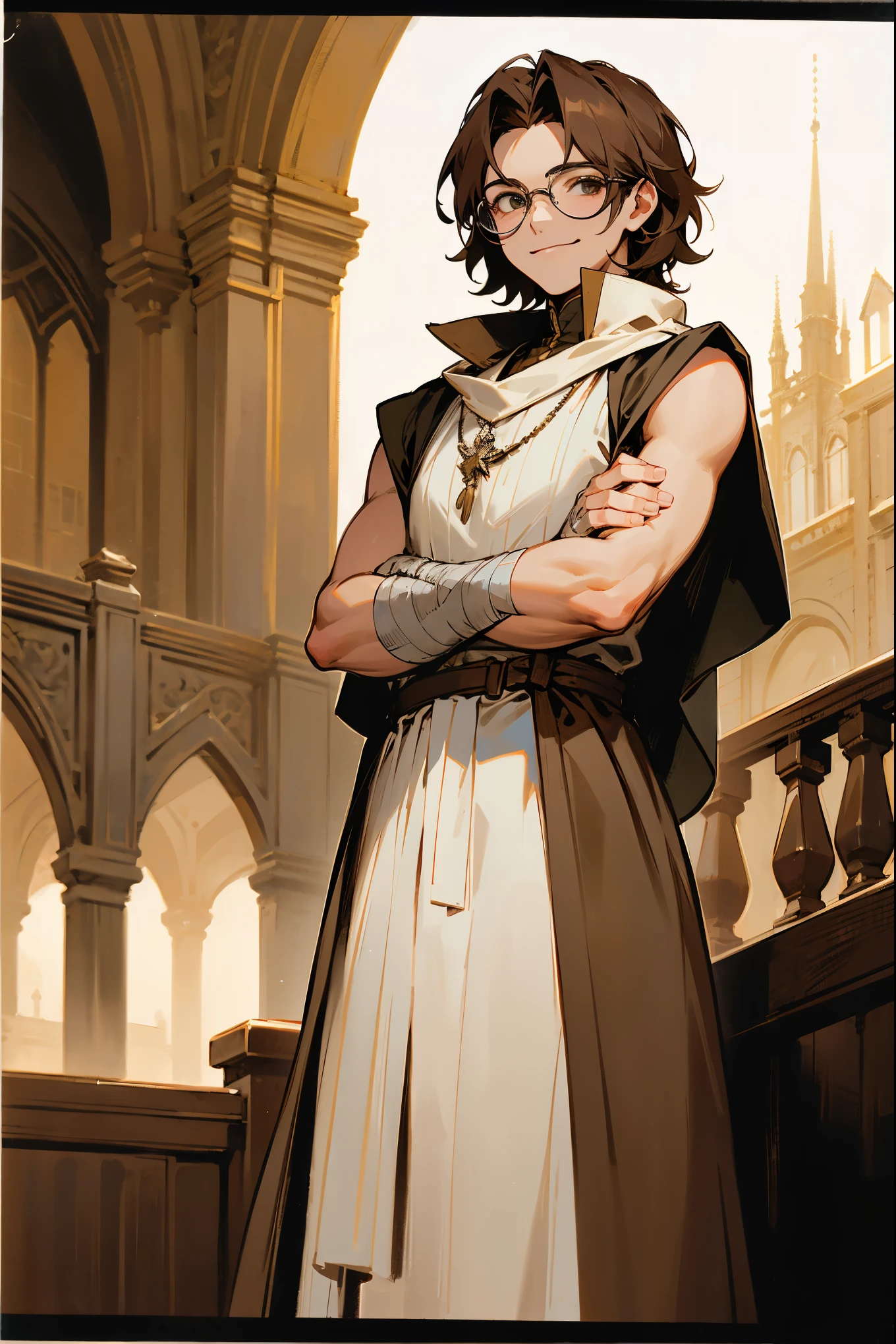 1male, black polaroid glasses, modern brown hair, old medieval clothing, smiling, (guild hall background), detailed background, standing on path, bandages arms, sleeveless clothing