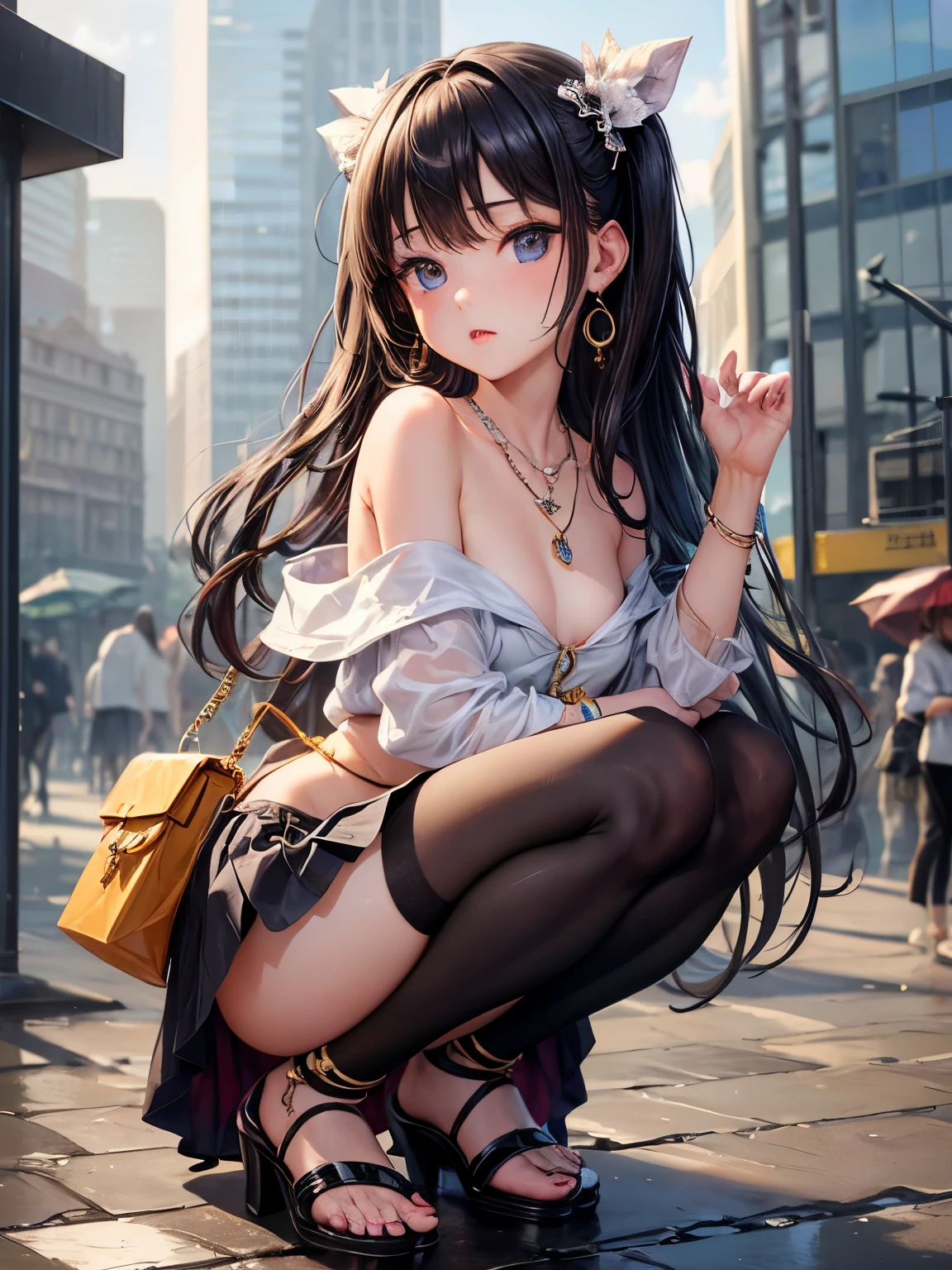 NSFW、4K、masterpiece、((focus on the face)), (full body shot, Full body photo including face), ((Cute symmetrical face))、Full Beautiful Girl、Beautiful woman、slender body、(small butt、thin thighs)、off shoulder、Box Pleated Skirt、(high heels、stockings、anklet)、I could see the whole body、head to toe photo、small earrings、necklace、turn away from the viewer、The subject is far away、shallow depth of field、wide angle focal length、upward glance、Shoot with focus on the face、(Biologically correct number of limbs、correct hand drawing)、high angle、realistic pictures、(City area after the rain)、squat、Photographed from an angle、close legs