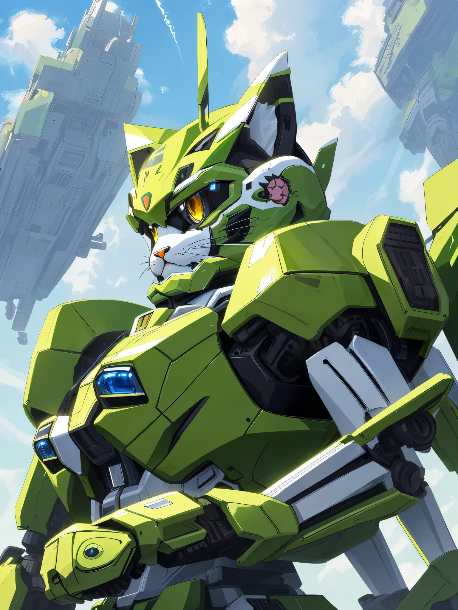 unorganized solution, High resolution, (masterpiece: 1.3), hyper detail, Mecha, (((cute cat design))),Green armor, floating in the sky (1.8) Against the background of blue sky and white clouds