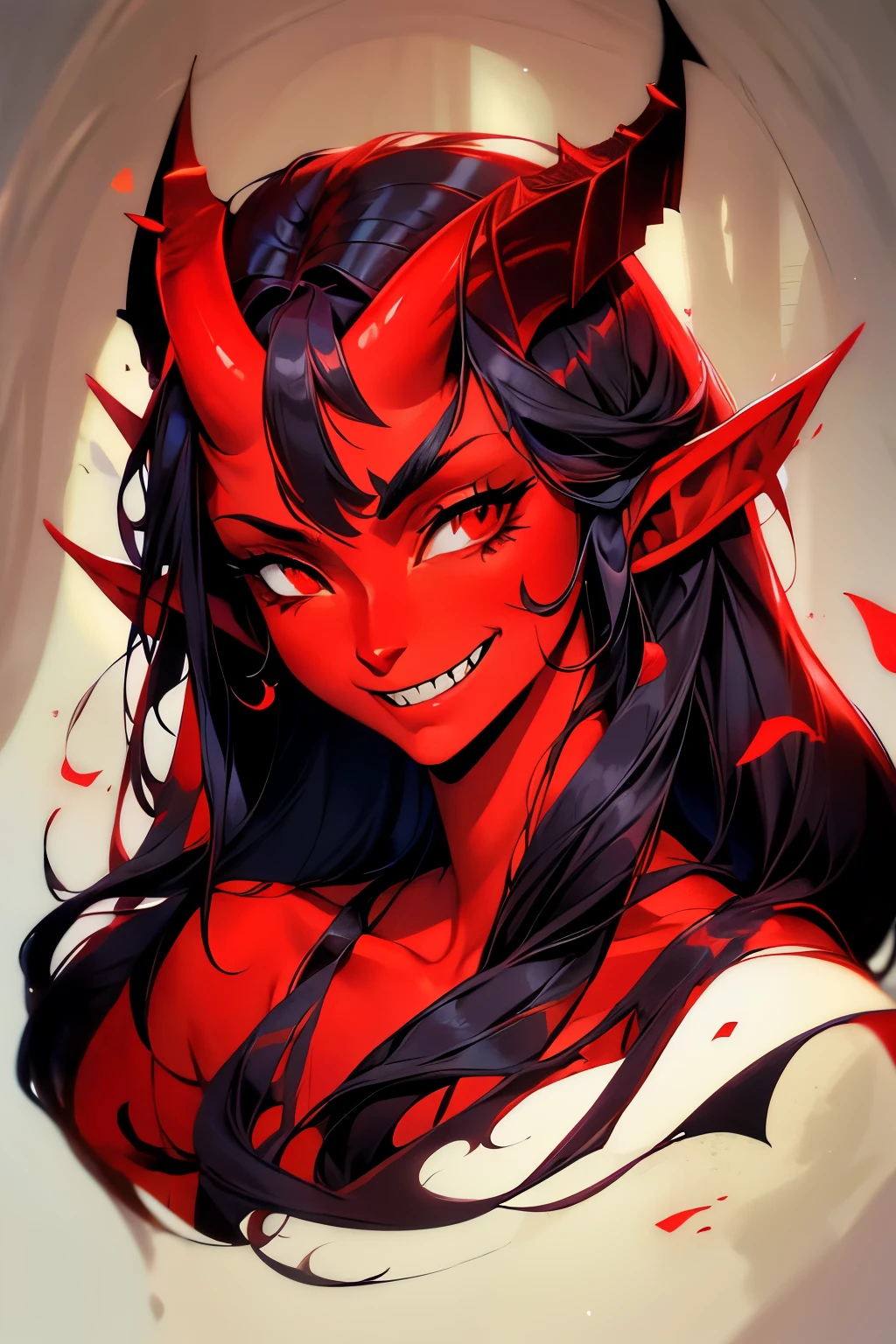 1 portrait of mature girl, red-skinned girl, red skin, long black hair with curtain bangs, sharp teeth, elf ears, red eyes, horns on forehead, oni horns, smirking, 8k, highdef, ultrares