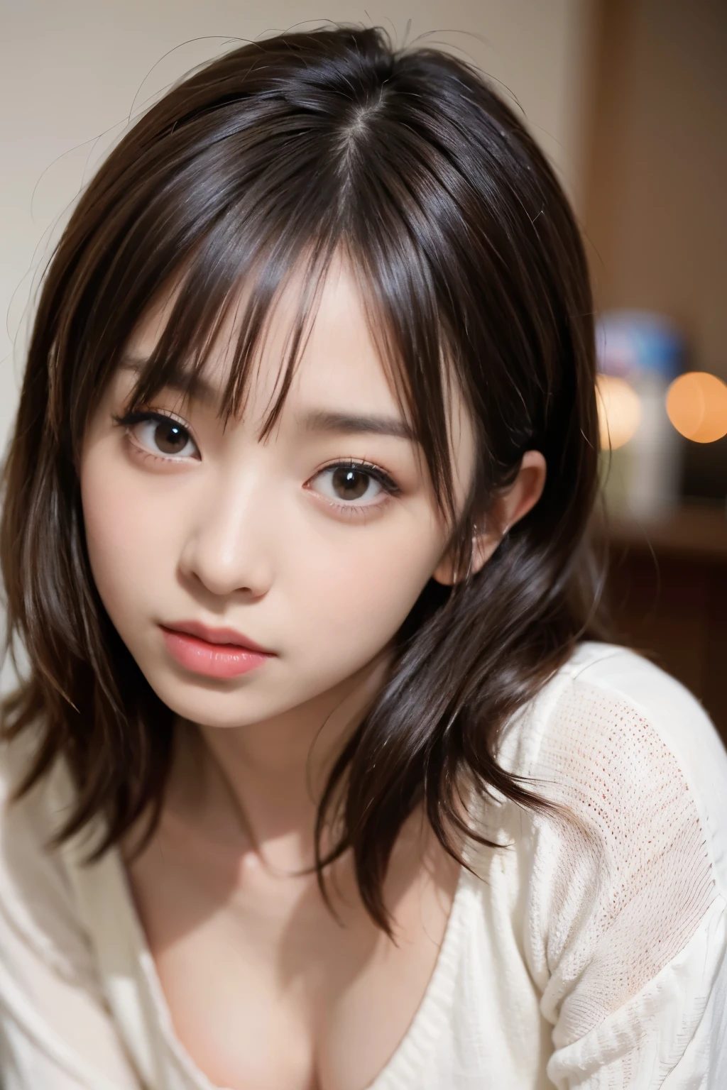 cute 21 year old japanese、night、on the bed、cute colorful pajamas、super detailed face、Attention to detail、double eyelid、beautiful thin nose、sharp focus:1.2、beauty:1.4、(明るい茶色のhair、shortcut) hair、white skin、highest quality、masterpiece、ultra high resolution、(Photoreal:1.4)、smaller breasts、