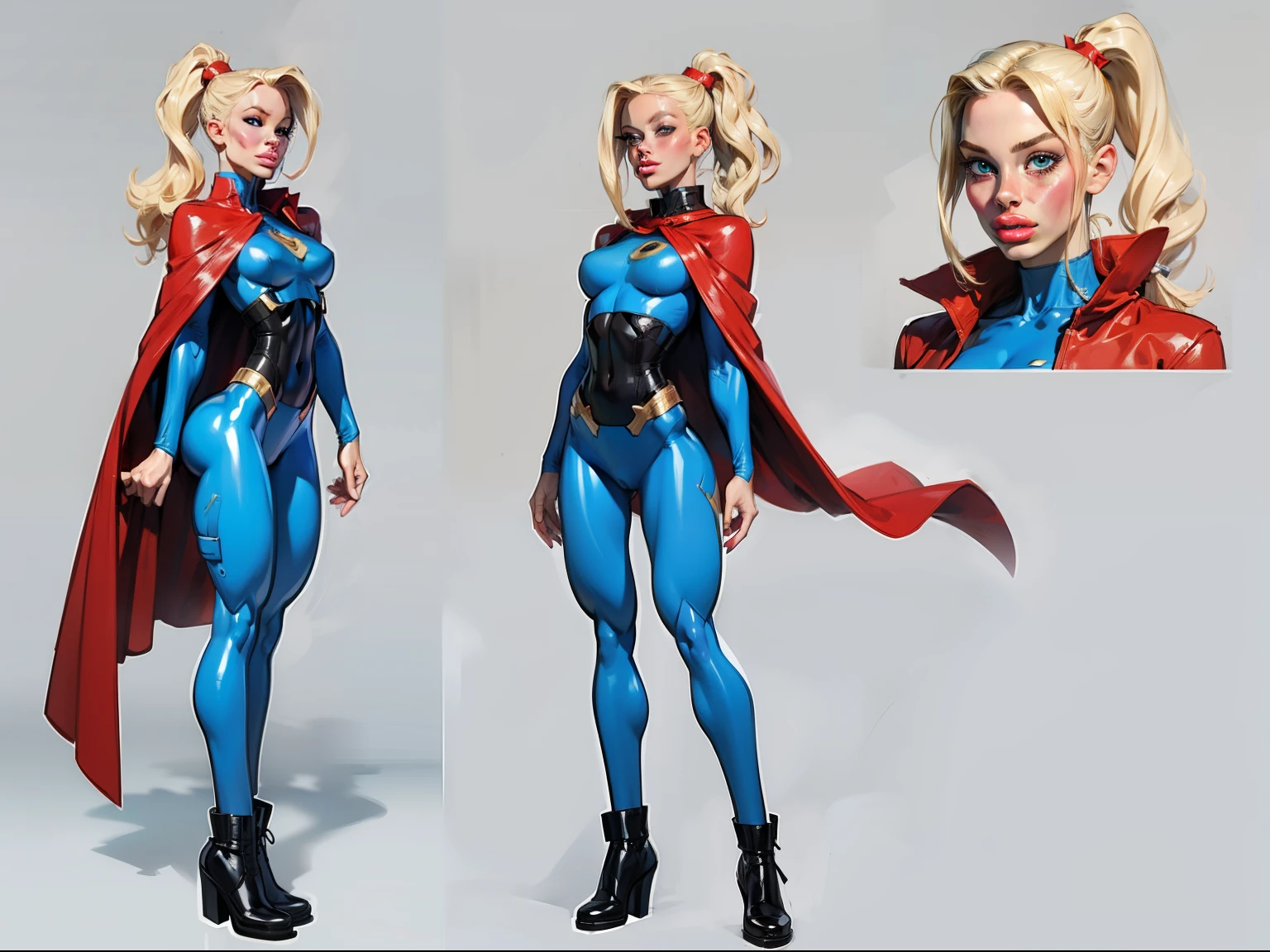 ((masterpiece)),(((best quality))),((character design sheet)), ((full body view)) illustration,1girl, muscular, ((blue bodysuit:1.5)), superhero, (blonde ponytail:1.4), (red cape:1.4) ((detailed face:1.4)) beautiful woman, (red thighhighs:1.3)shiny skin, (gold emblem on chest:1.2),scribbles and marks, (puffy lips:1.5), rough sketches, pose, 8k,16k, (simple background, white background: 1.3)