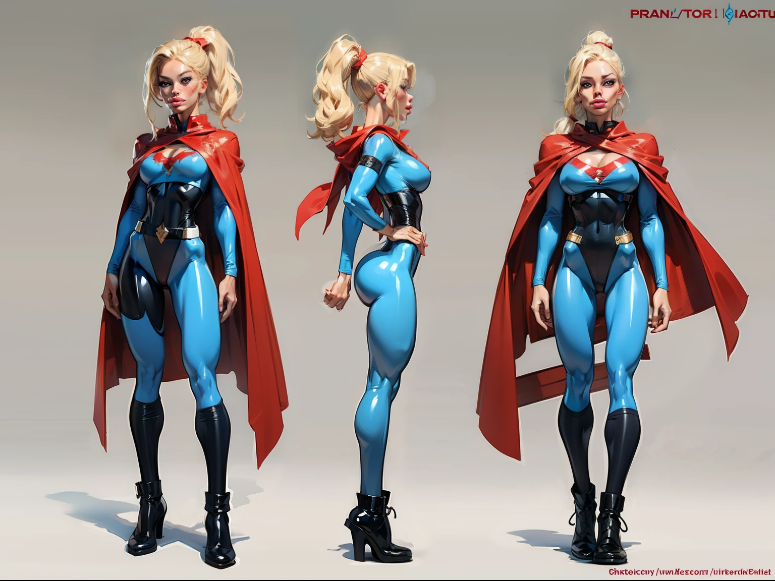 ((masterpiece)),(((best quality))),((character design sheet)), ((full body view)) illustration,1girl, muscular, ((blue bodysuit:1.5)), superhero, (blonde ponytail:1.4), (red cape:1.4) ((detailed face:1.4)) beautiful woman, (red thighhighs:1.3)shiny skin, (gold emblem on chest:1.2),scribbles and marks, (puffy lips:1.5), rough sketches, pose, 8k,16k, (simple background, white background: 1.3)