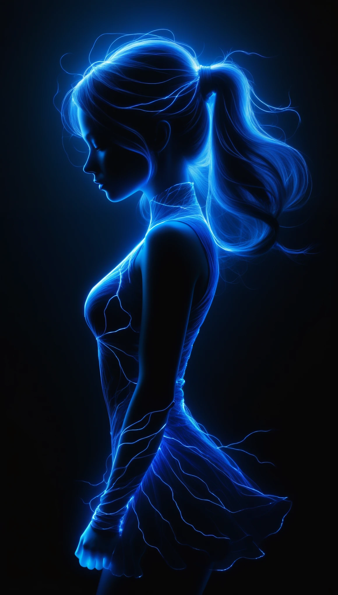 On a dark background, blue electric charges form a stylized silhouette of a girl, bioluminescence