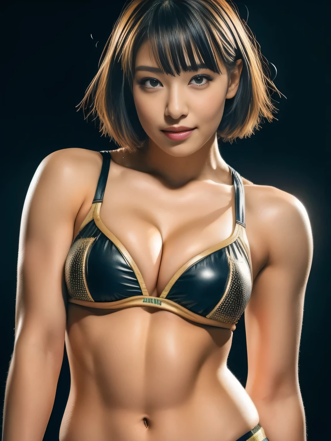((highest quality、8k、masterpiece:1.3))、sharp:1.2、perfect body beauty:1.4、slim abs:1.2、((layered hairstyles、big breasts:1.2))、Wet:1.5、Highly detailed face and skin texture、detailed eye、double eyelid、looking at camera、黒髪shortcut、search、strong、muscle tissue、Sweat、(wrestling:1.2)、Take a full body photo、fighting pose、bikini、blonde、kick、laughter、make eye contact with the camera,shortcut, 嬉しそうにしているlaughter,, dynamic pose,advanced details, you have high quality, award-winning, highest quality, High resolution, 8k,, junior high school girl, ( short hair:1.5), delicate body,、(huge breasts:1.4)