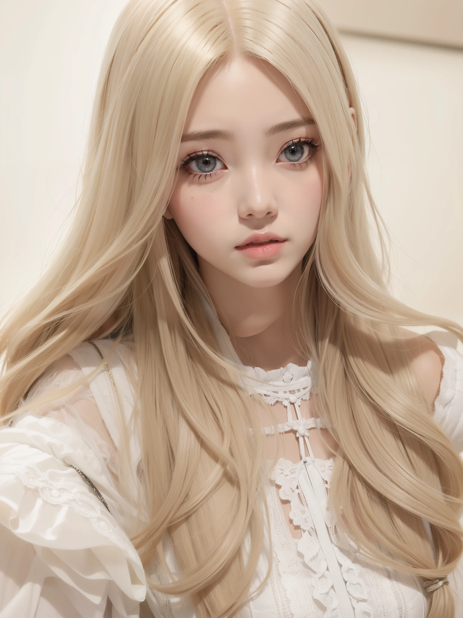 hay una chica con cabello largo y blanco y un vestido blanco, Retrato realista kawaii, ulzzang, guweiz, obra de arte al estilo de guweiz, estilo anime realista 3d, pelo largo y rubio y ojos grandes, in bowater art style, linda cara de anime natural, hecho con estudio de pintor anime, anime fotorrealista