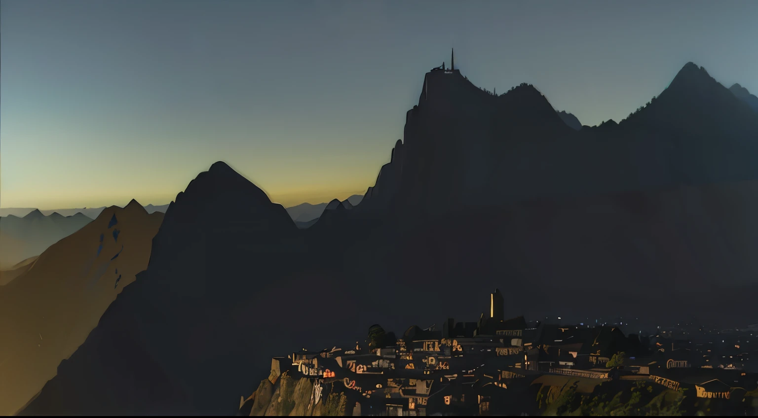 Mysterious mountains and villages beneath them,night,Ancient