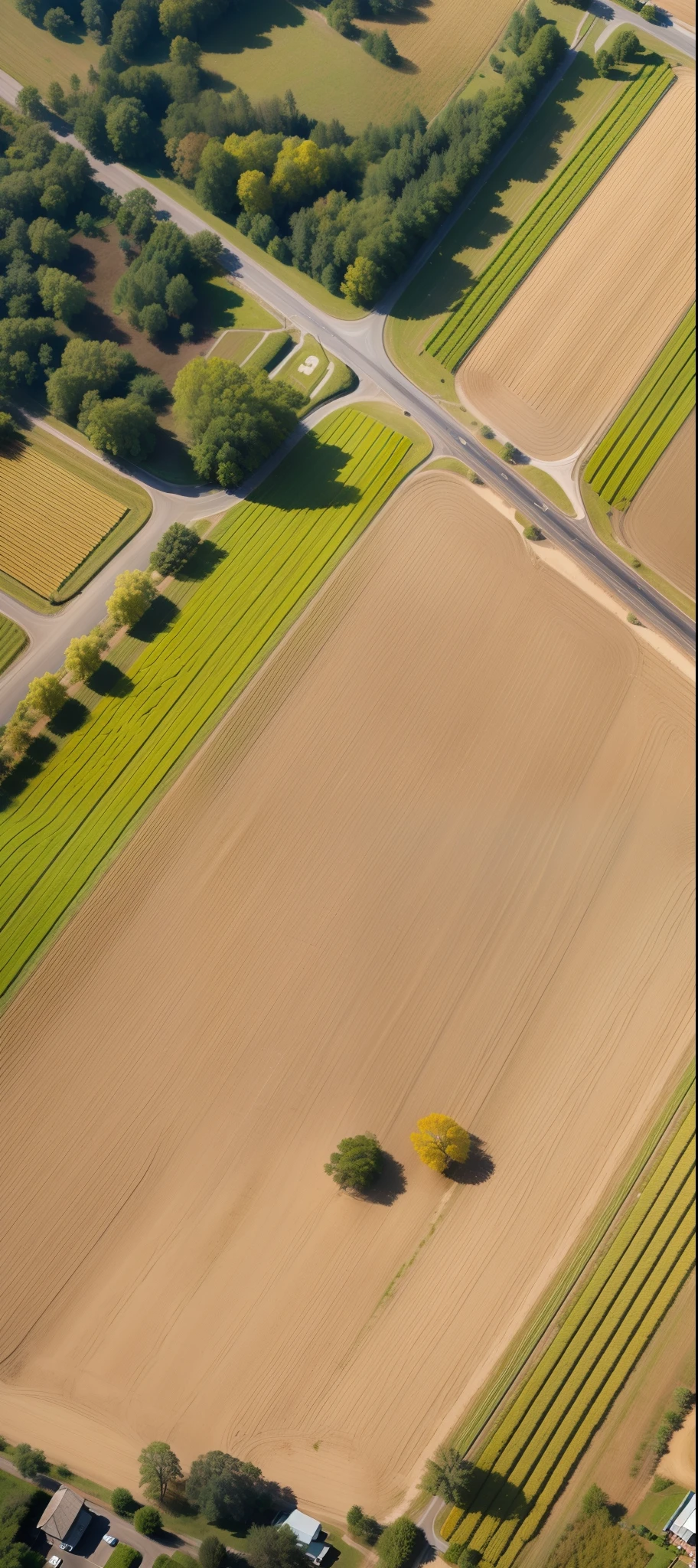 Aerial view of farm with road and trees, Green woods,golden wheat field,Harvest season,Roads between fields, aerial view of land, aerial photography, farmland, Aerial view from top to bottom,