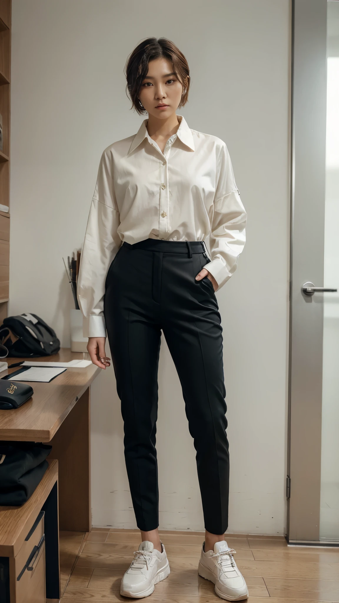 (masterpiece), (best quality), (ultra detailed),(disheveled hair), (1woman), (Fashionable clothing), A tall Korean woman with short hair and detailed face features crossdressing as a man wearing man's suit, long sleeved shirt, pants, and shoes standing in an office with masculine pose and fierce expression, she is facing to the camera.