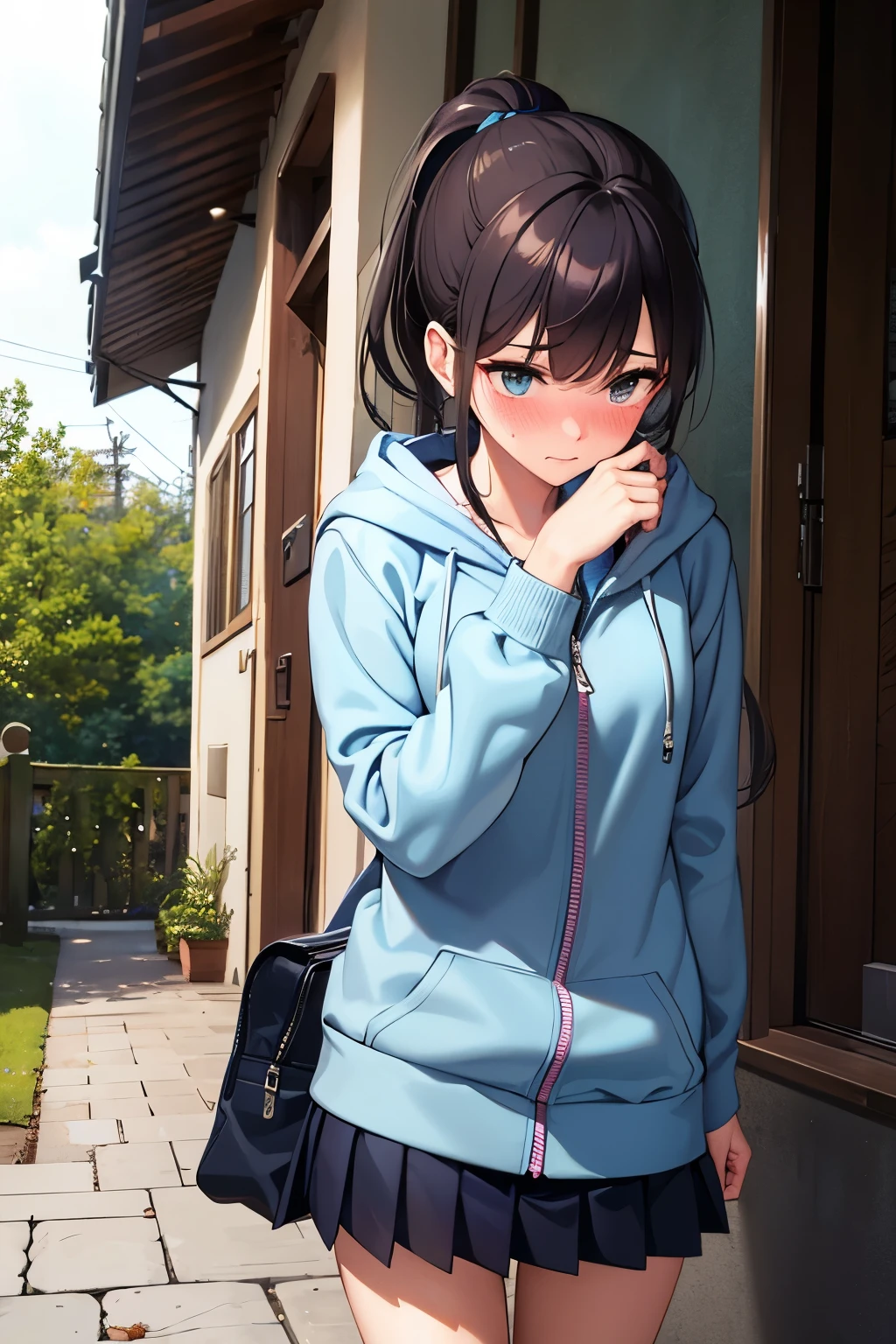 ((best quality)), ((masterpiece)), (detailed), (((perfect face))), ((slender 16yo teenage girl)), (((wearing dark blue pleated skirt))), (((zipped light blue hoodie))), ((brunette)), ((ponytail)), (((shy:1.3))) ((blushing:1.5)), ((skinny thighs)), ((skinny hips)), ((walking on surburban front yard)), (((hedges))) (((girl looking away))), ((bag over shoulder))