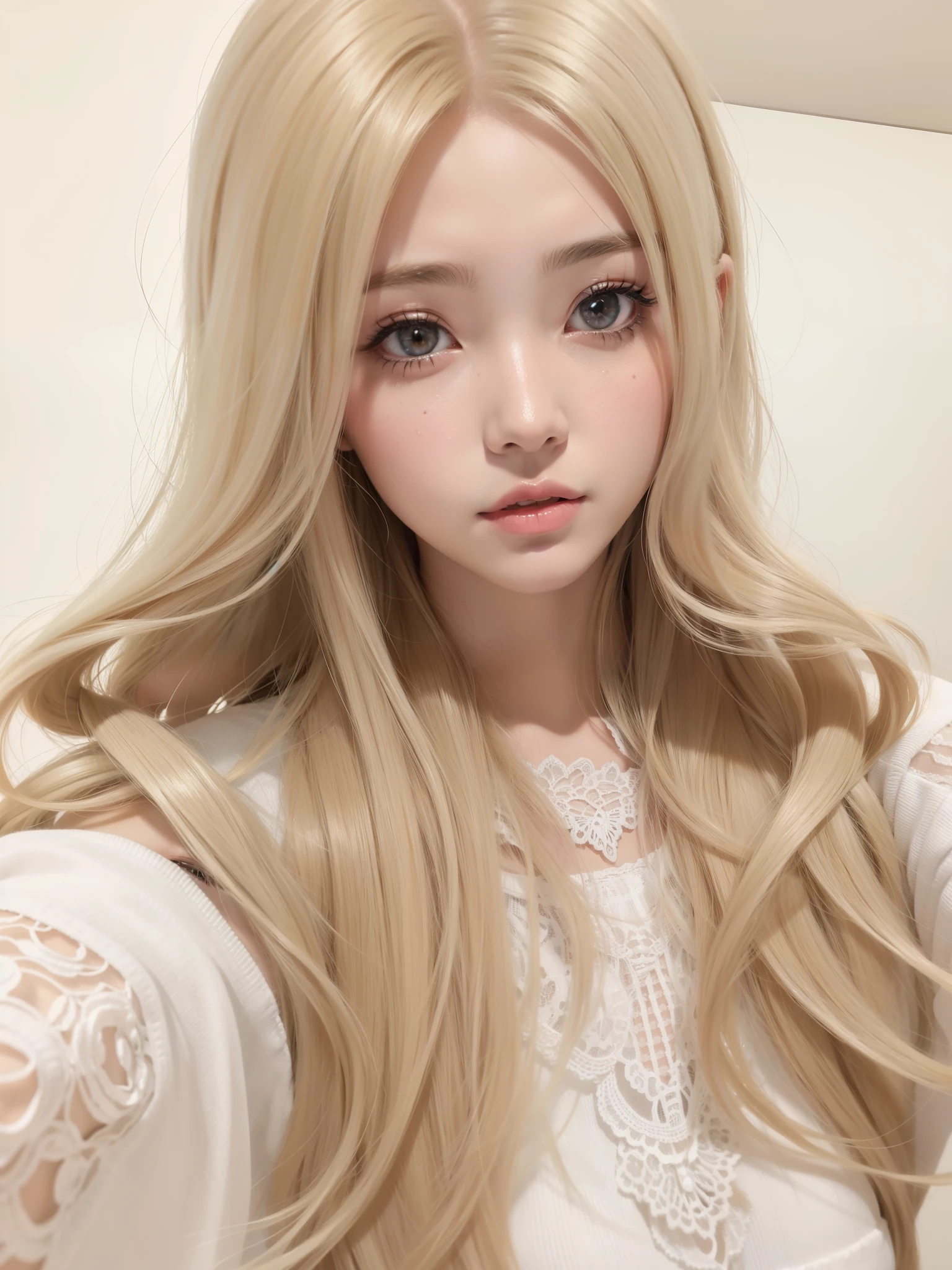 hay una chica con cabello largo y blanco, cabello muy claro y un vestido blanco, Retrato realista kawaii, ulzzang, guweiz, obra de arte al estilo de guweiz, estilo anime realista 3d, pelo largo y rubio y ojos grandes, in bowater art style, linda cara de anime natural, hecho con estudio de pintor anime, anime fotorrealista, chica japonesa 