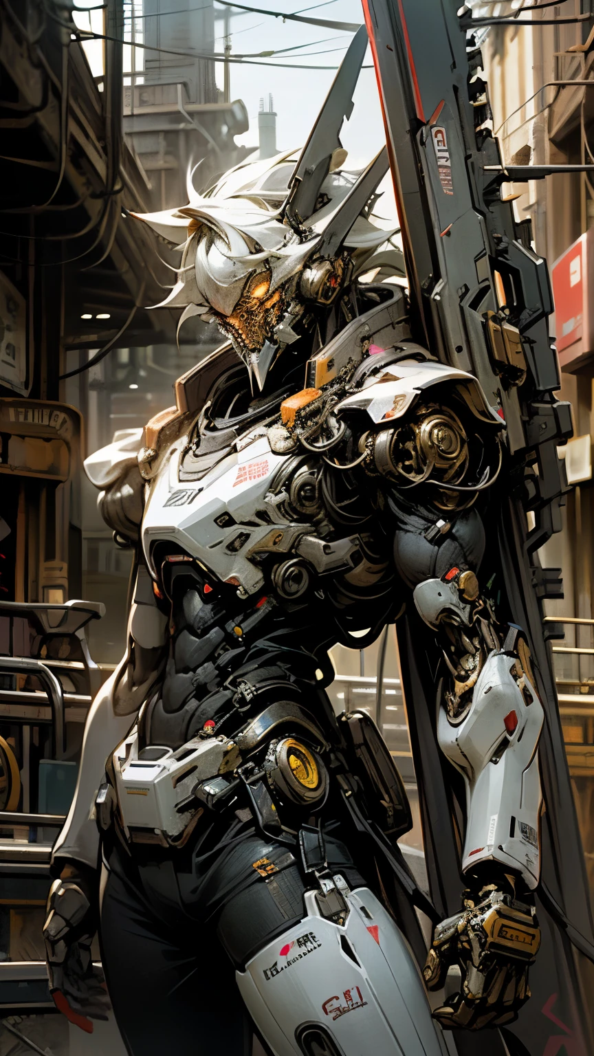 dark_fantasy,cyberpunk,(Holding a chain saw,chain saw man,white:1.1),1 person,mechanical marvel,Robots exist,cybernetic guardian, Wearing a worn out mecha suit, complex, (steel metal [Rusty]), elegant, clear focus, Photo by Greg Rutkoski, soft light, bright colors, masterpiece, ((Neon Street)), Cowboy shooting, dynamic poses,