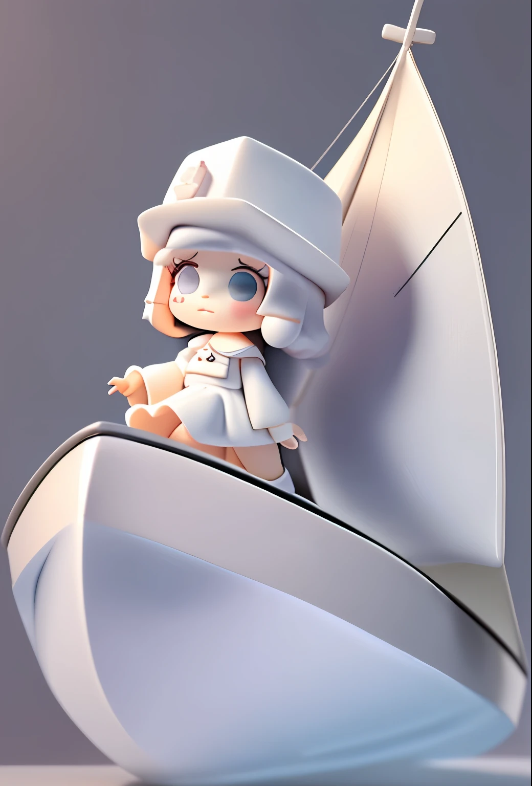 Bubble Mart blind box style,a cute little girl,standing on a sailboat,Wearing a white box-shaped hat,princess cut hairstyle,Off-white hair,Wearing dark gray skirt and boots