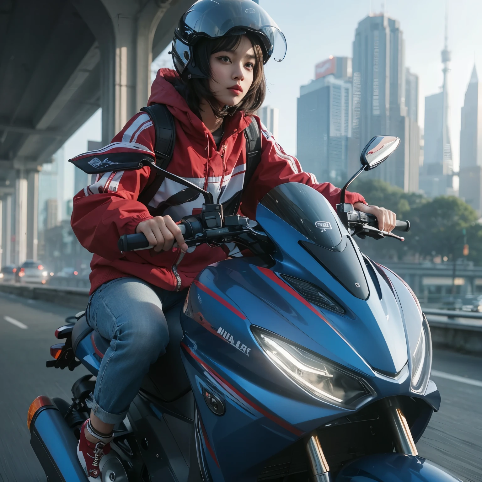 hyper realistic automotive photography ((attractive angle)) (((ultra detailed object))) a stylish cool indonesian girl with stylish red sporty jacket & blue jeans wearing an open face grey helmet ((detail face seen)) riding a sleek new design Scooter Matic Bike Honda Beat, the scooter have blue metallic colour with graphic stripping, riding in premium lavish city street, dramatic angle, natural light ((3d well rendered)) wallpaper quality, take by hasselblad, medium lens, 8K